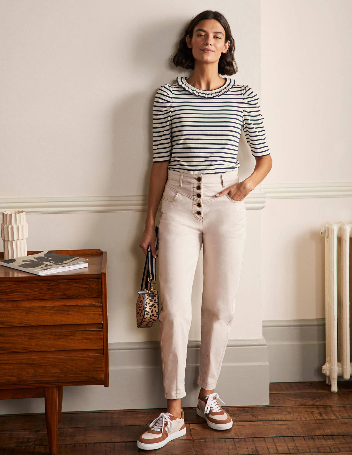 Puff Sleeve Frill Neck T-Shirt-Ivory / Navy Stripe - Image 4