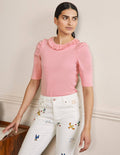 Puff Sleeve Frill Neck T-Shirt-Cameo Pink