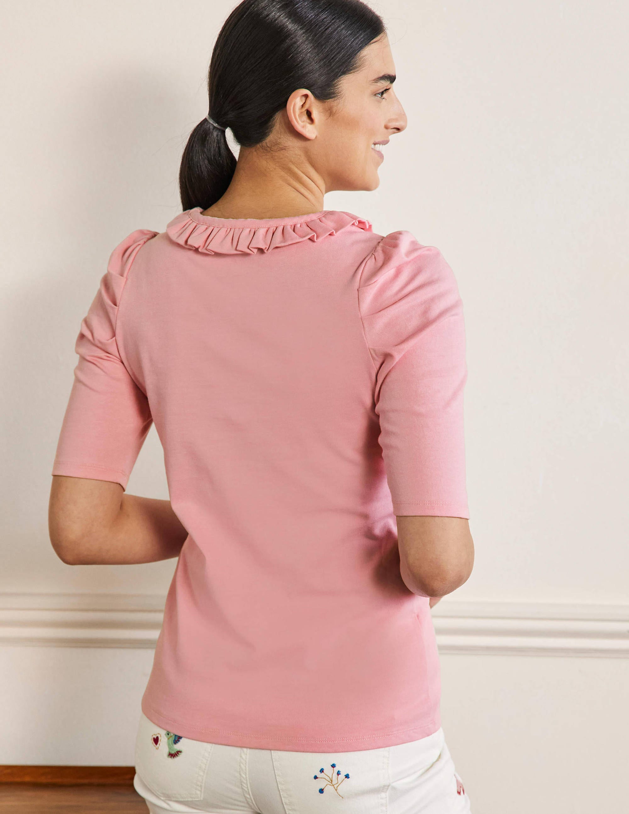 Puff Sleeve Frill Neck T-Shirt-Cameo Pink - Image 3