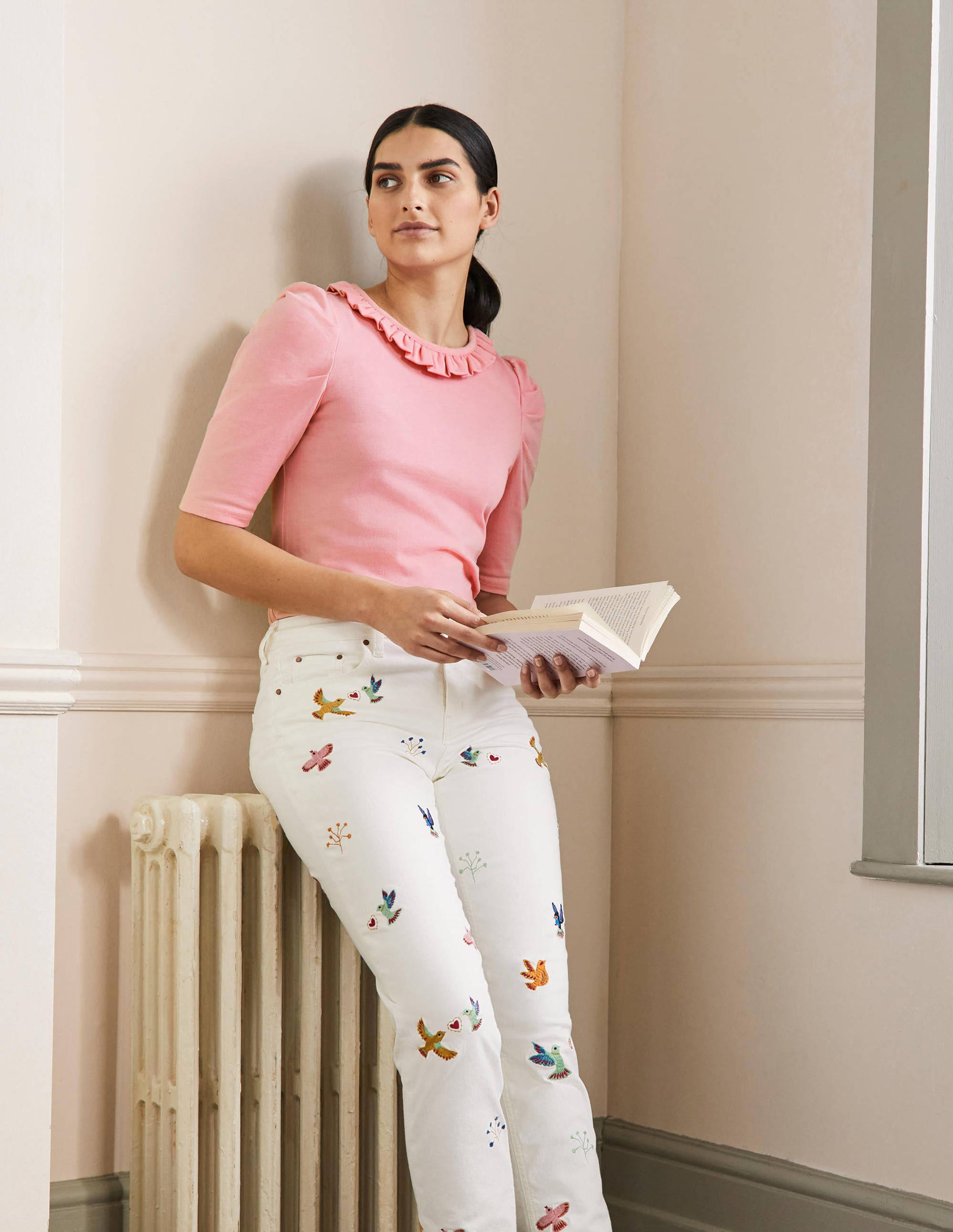 Puff Sleeve Frill Neck T-Shirt-Cameo Pink - Image 4