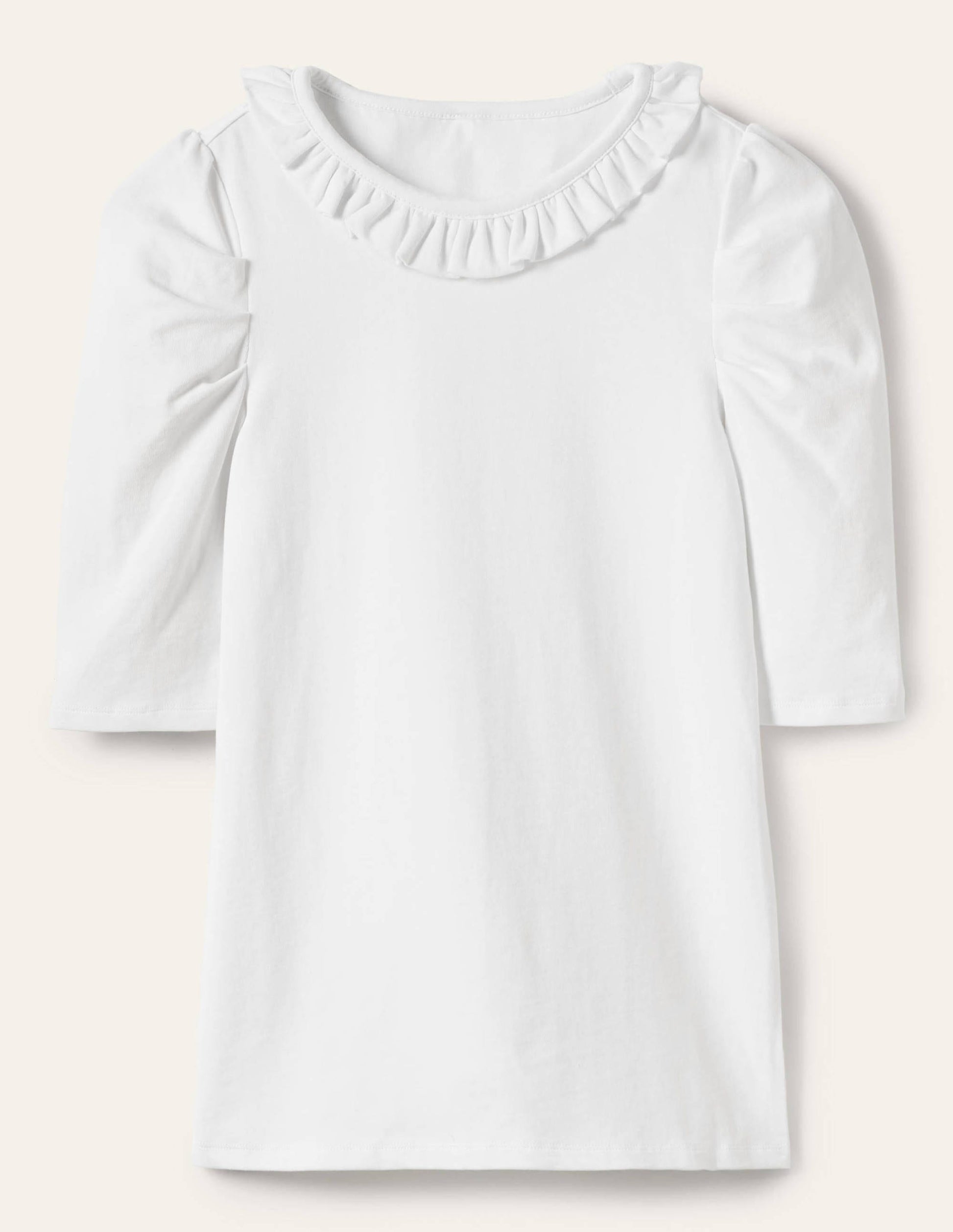 Puff Sleeve Frill Neck T-Shirt-White-5