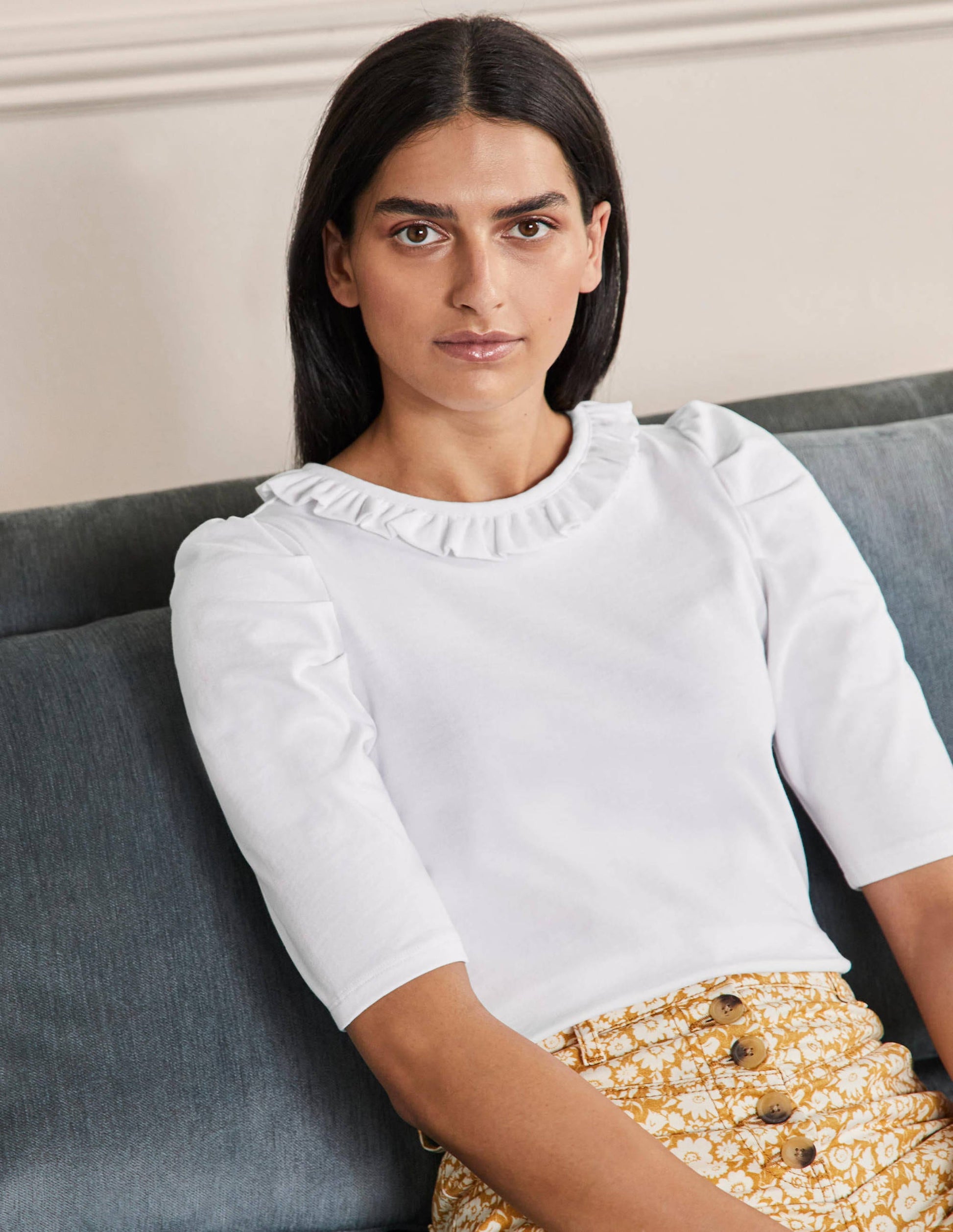 Puff Sleeve Frill Neck T-Shirt-White-1