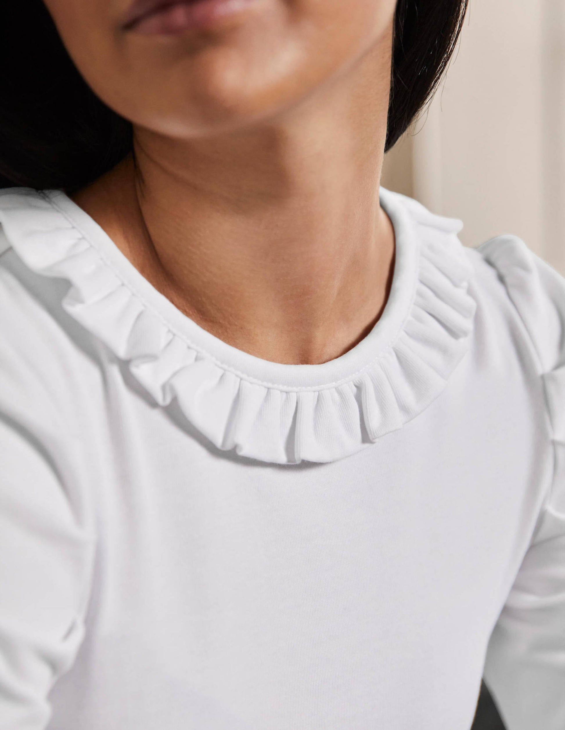 Puff Sleeve Frill Neck T-Shirt-White-2