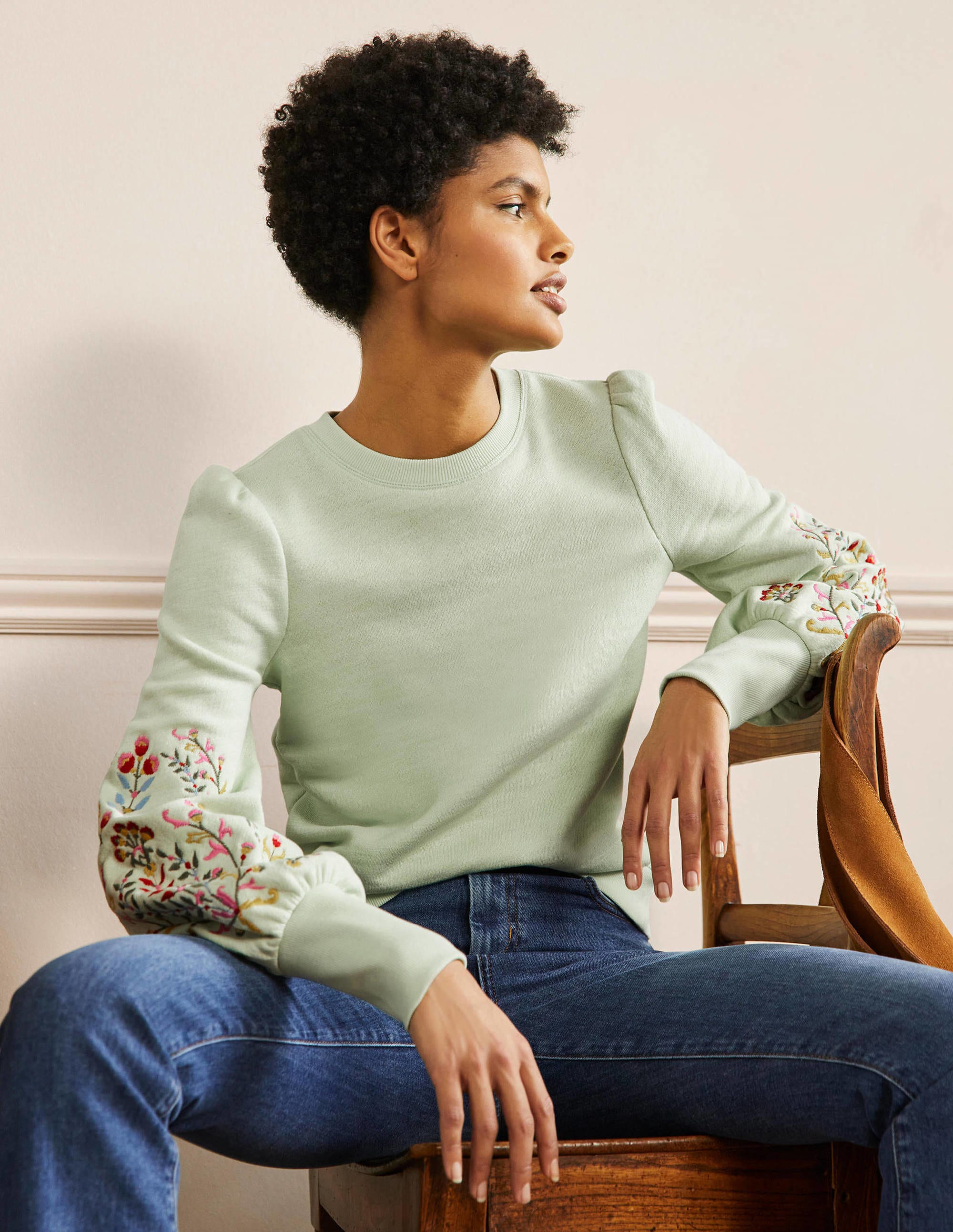Embroidered Blouson Sweatshirt-Avocado Cream, Embroidery - Image 1