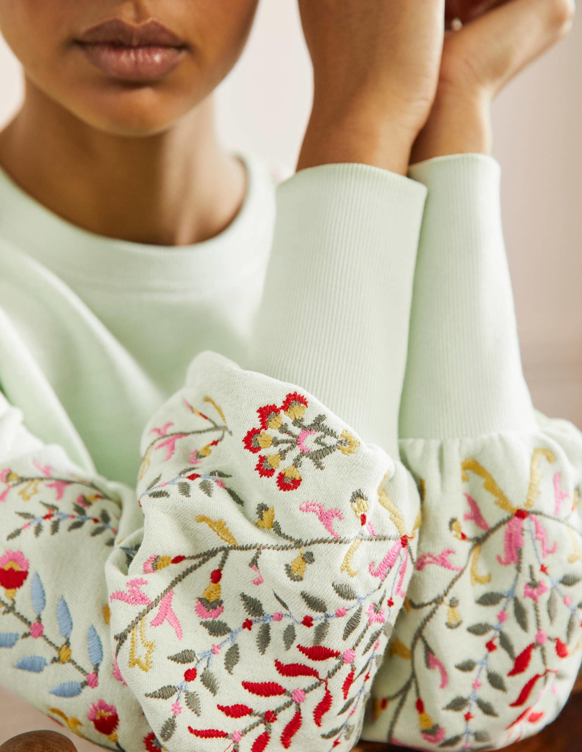 Embroidered Blouson Sweatshirt-Avocado Cream, Embroidery - Image 2