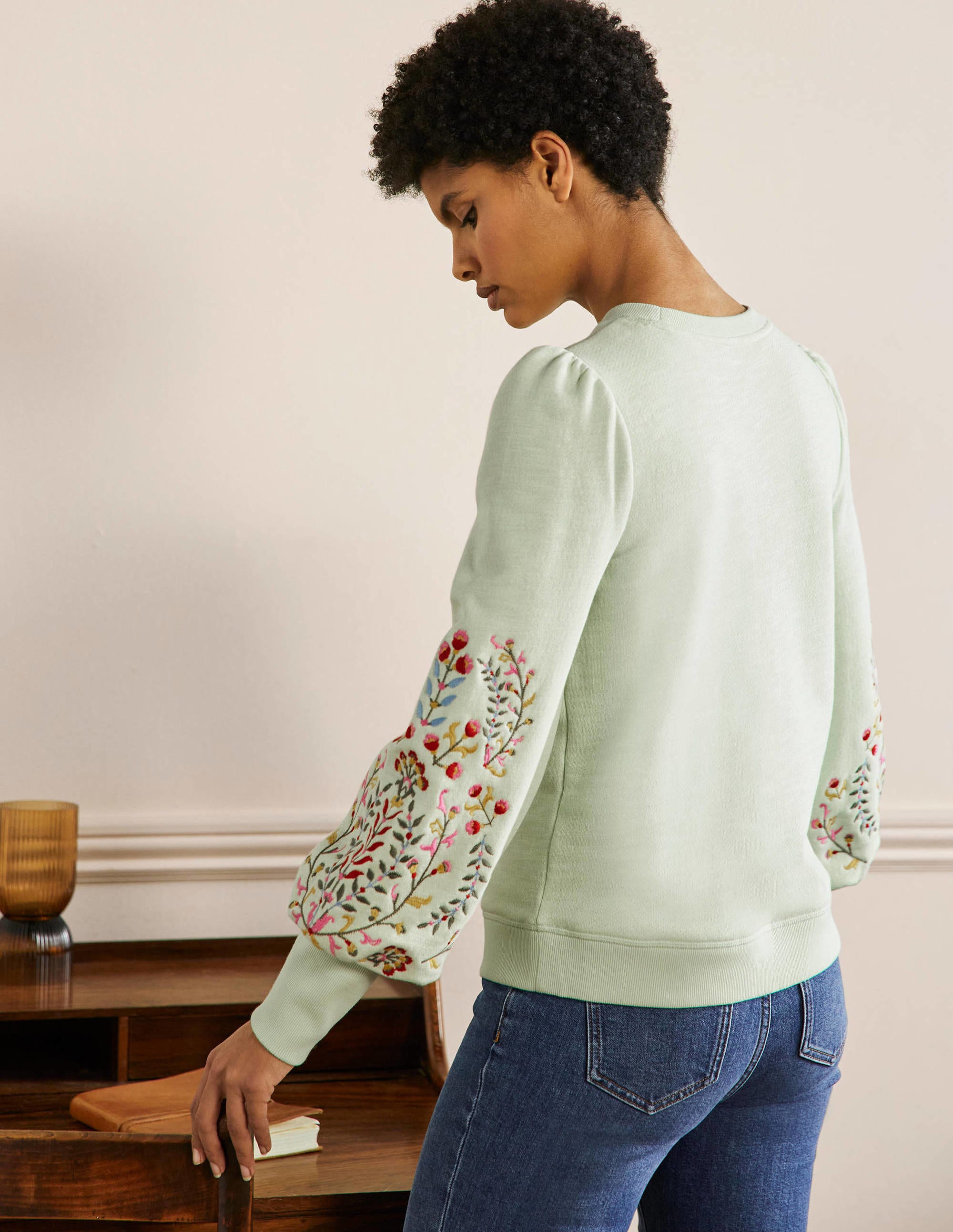 Embroidered Blouson Sweatshirt-Avocado Cream, Embroidery - Image 3