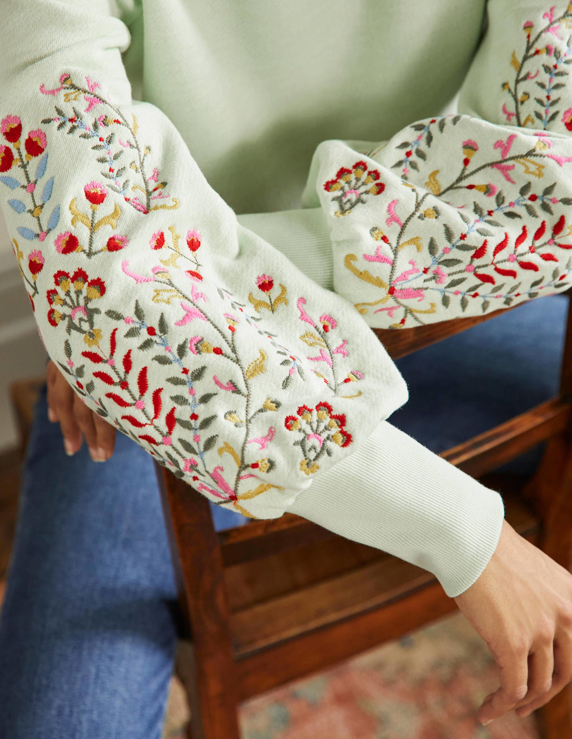 Embroidered Blouson Sweatshirt-Avocado Cream, Embroidery - Image 4