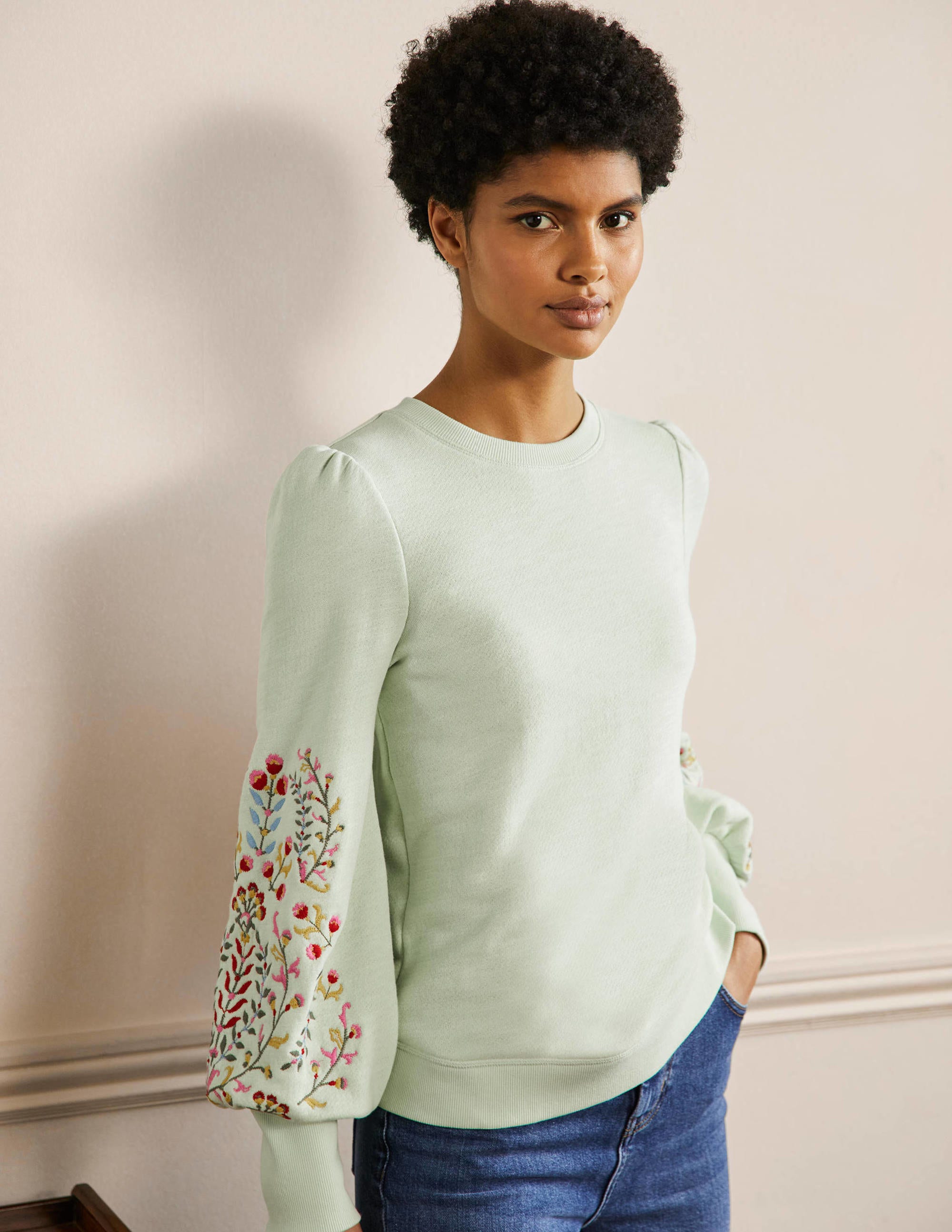 Embroidered Blouson Sweatshirt-Avocado Cream, Embroidery - Image 5