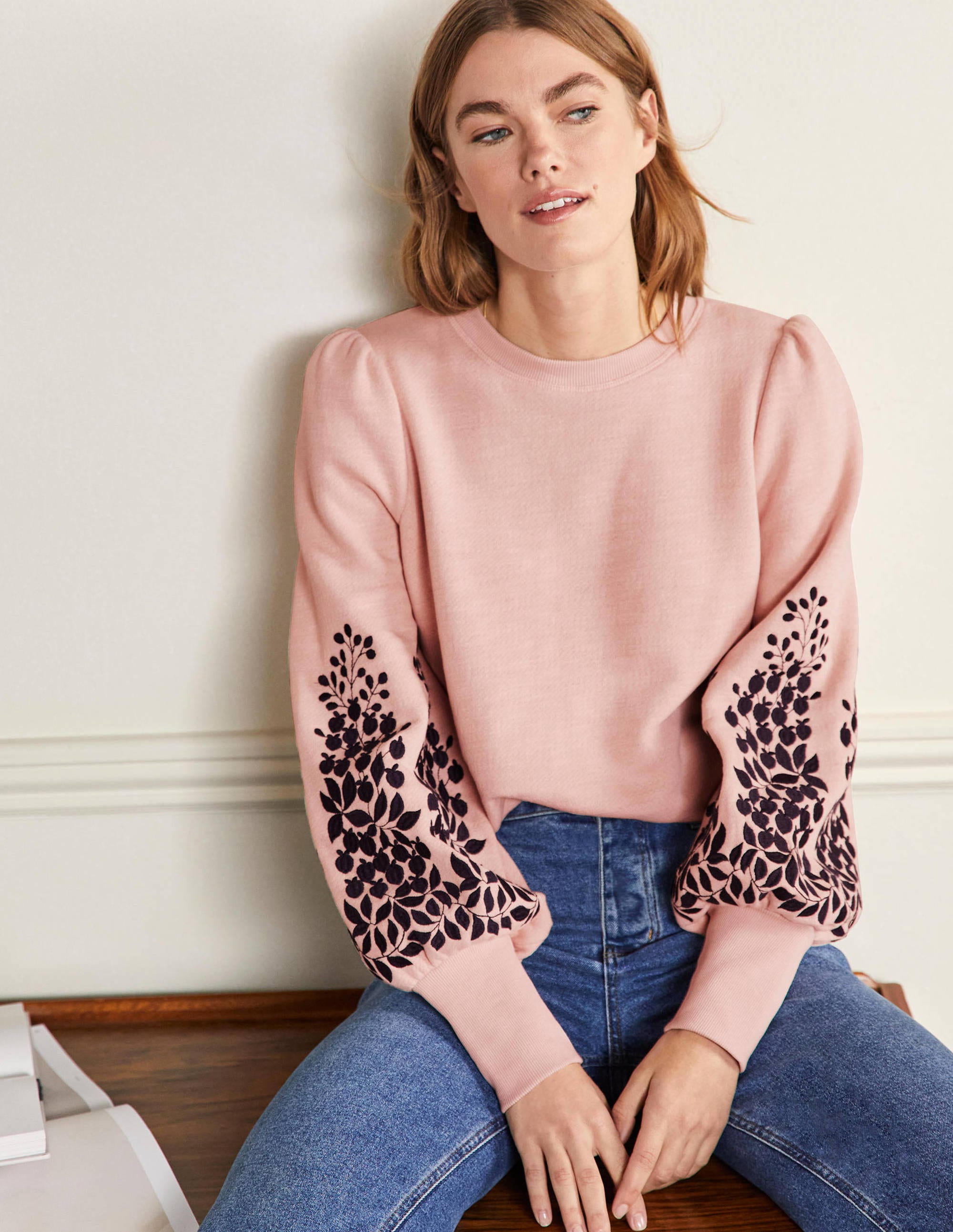 Embroidered Blouson Sweatshirt-Milkshake, Navy Embroidery - Image 1