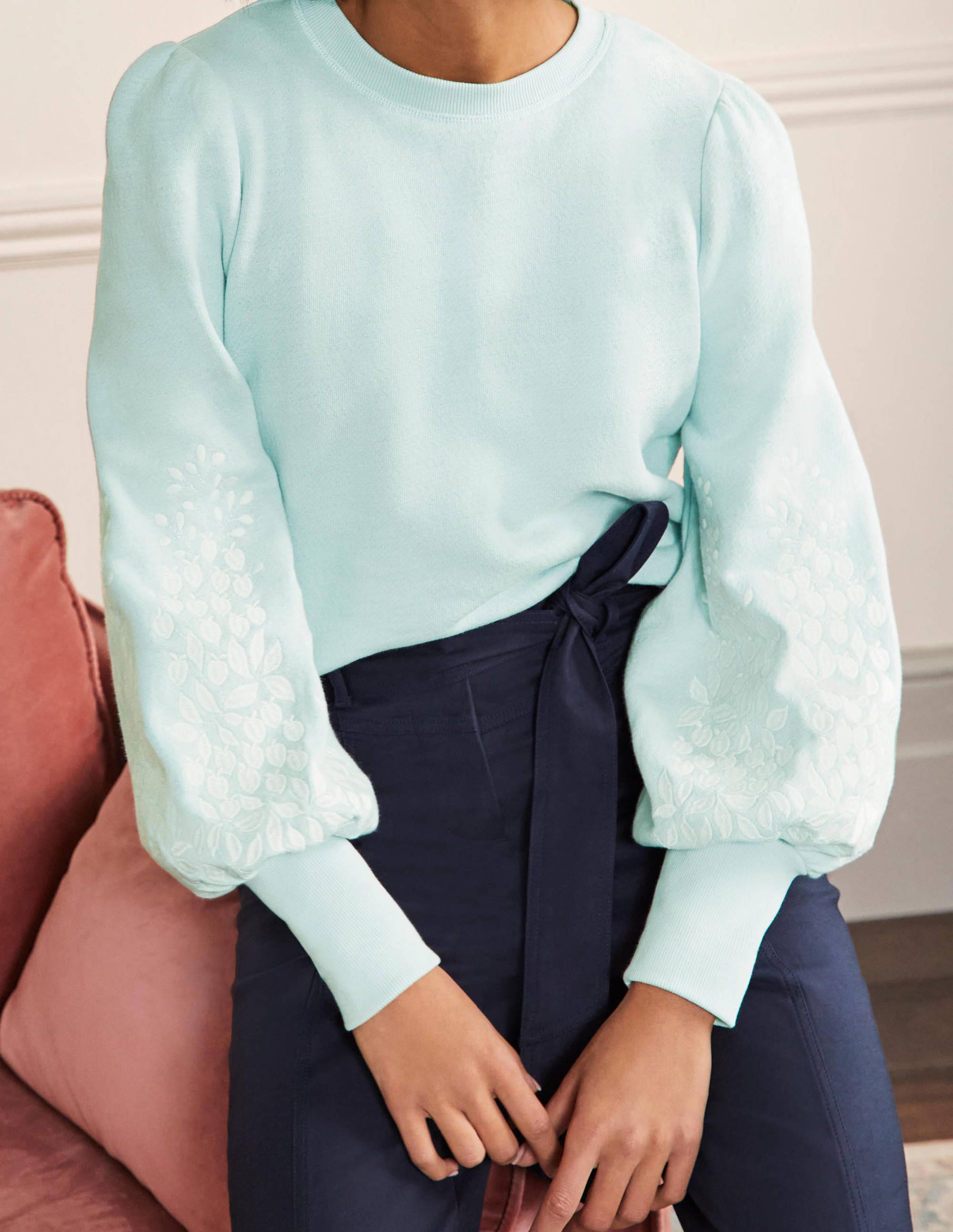 Embroidered Blouson Sweatshirt-Dawn Sky, Ivory Embroidery - Image 4