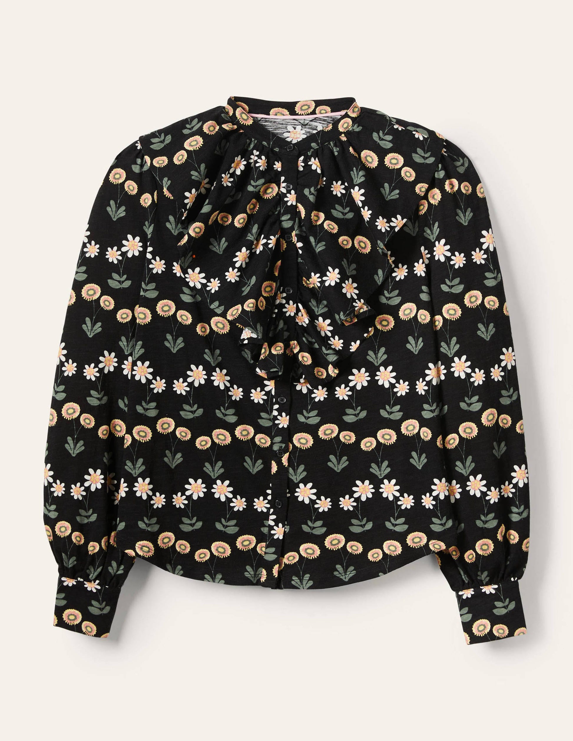 Ruffle Front Jersey Shirt-Black, Delicate Daisy-5