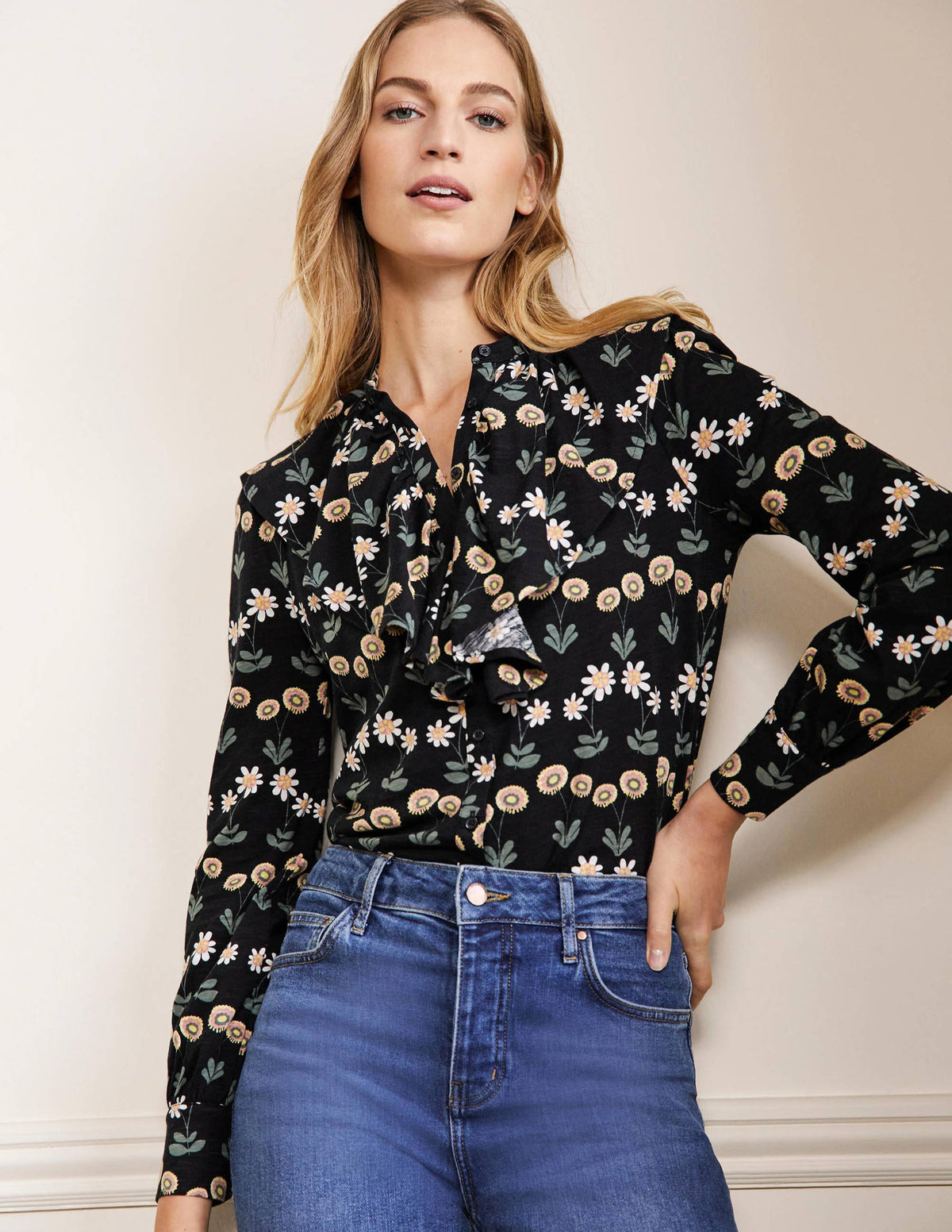Ruffle Front Jersey Shirt-Black, Delicate Daisy - Image 1