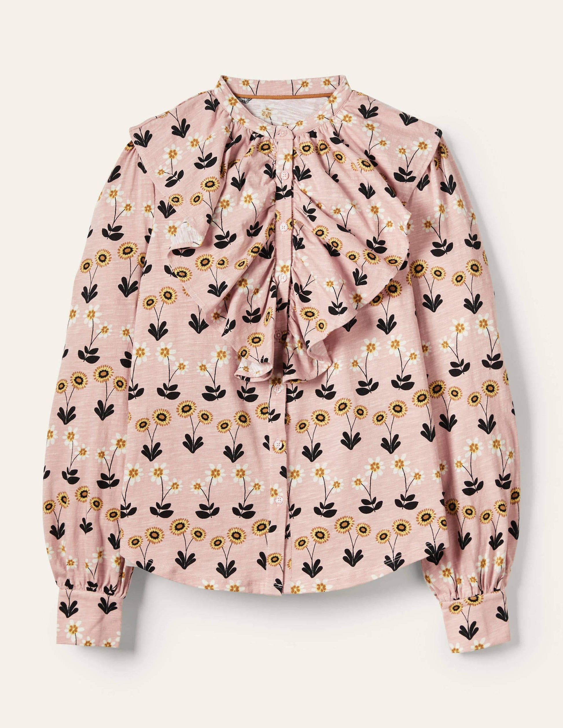 Ruffle Front Jersey Shirt-Milkshake, Delicate Daisy-5