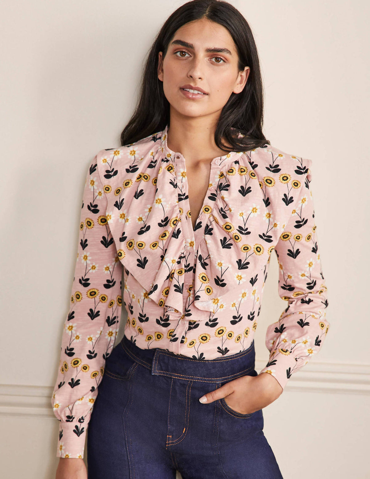 Ruffle Front Jersey Shirt-Milkshake, Delicate Daisy - Image 1