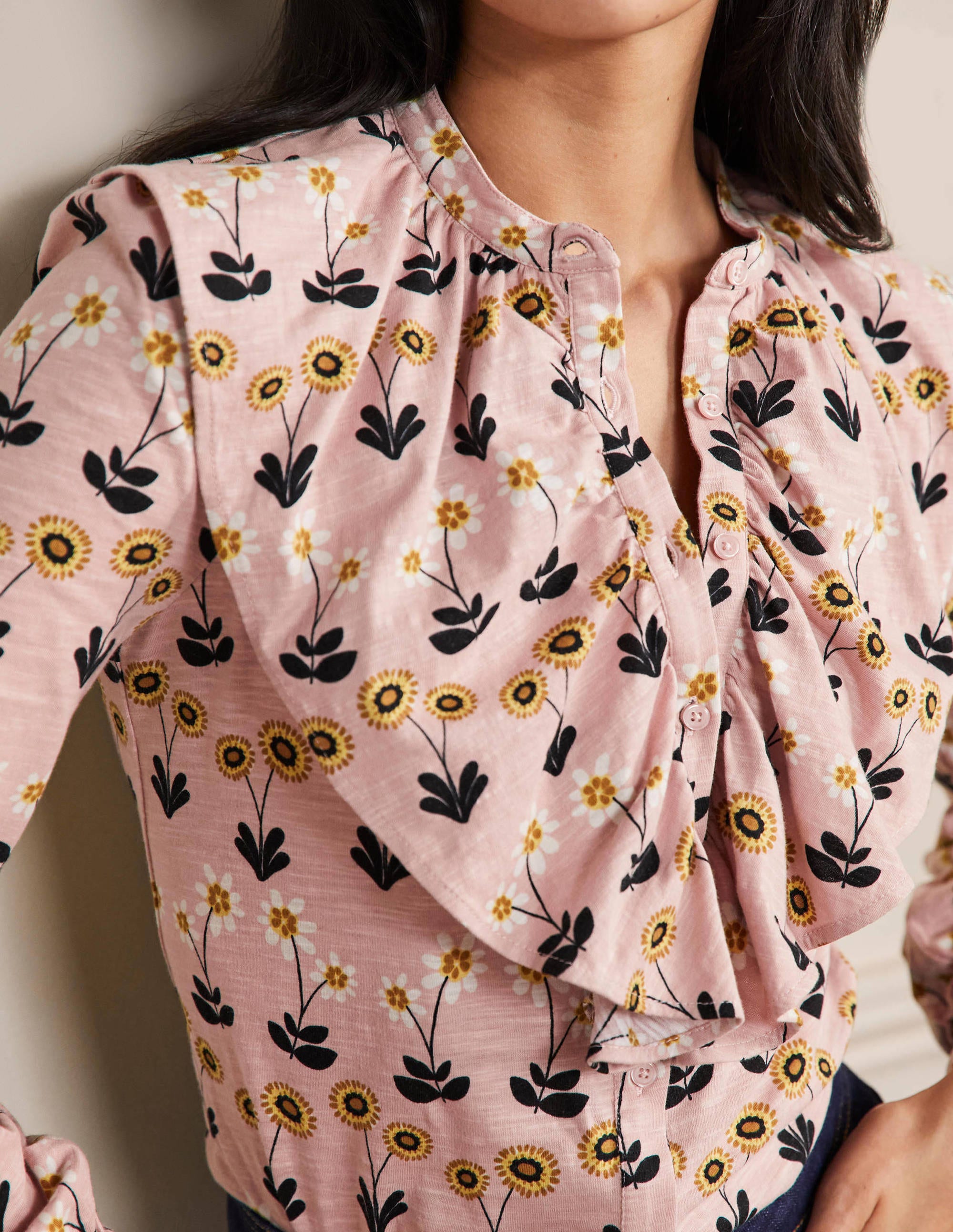 Ruffle Front Jersey Shirt-Milkshake, Delicate Daisy - Image 2
