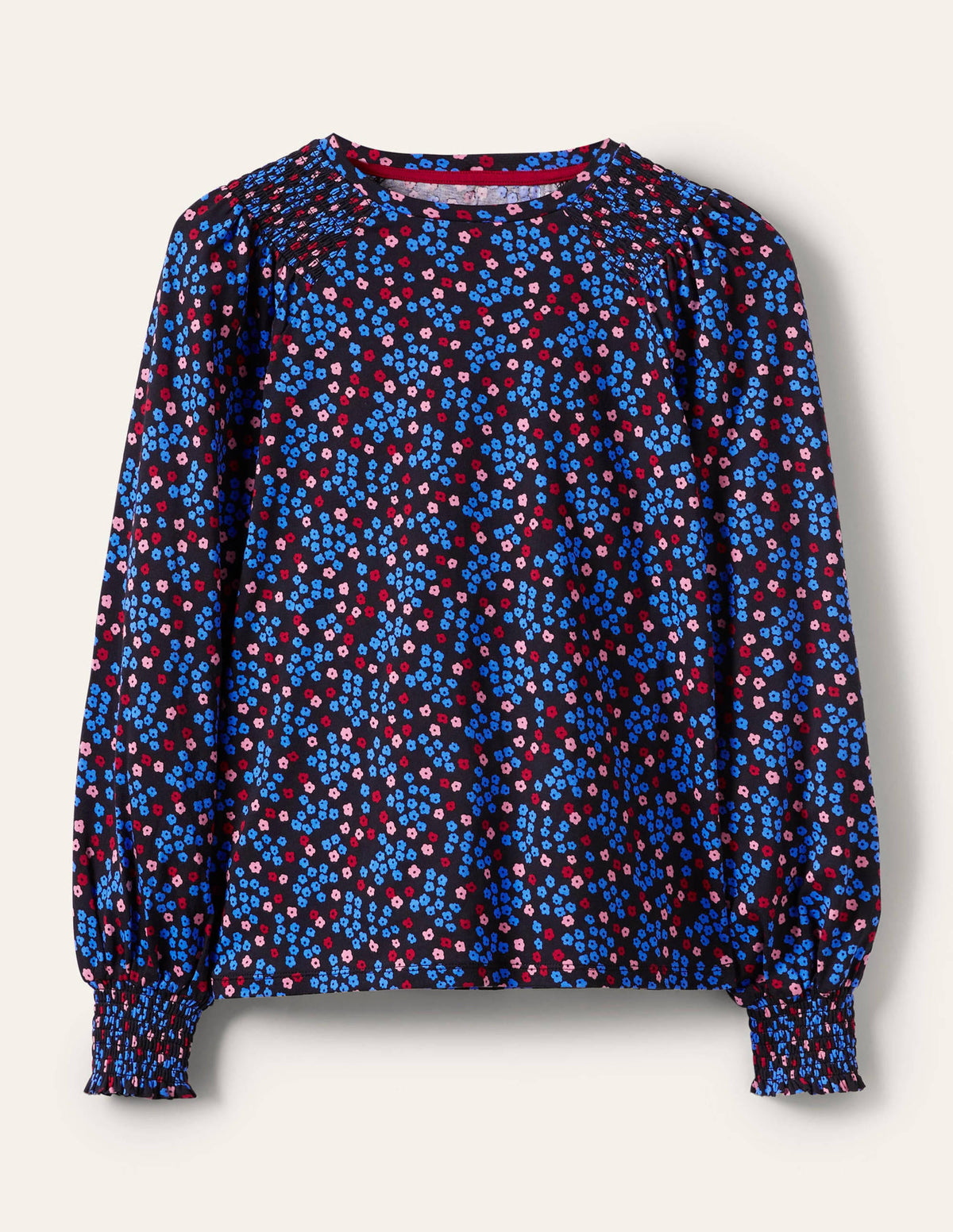 Smocked Blouson Jersey Top-Black Ditsy Cluster-5