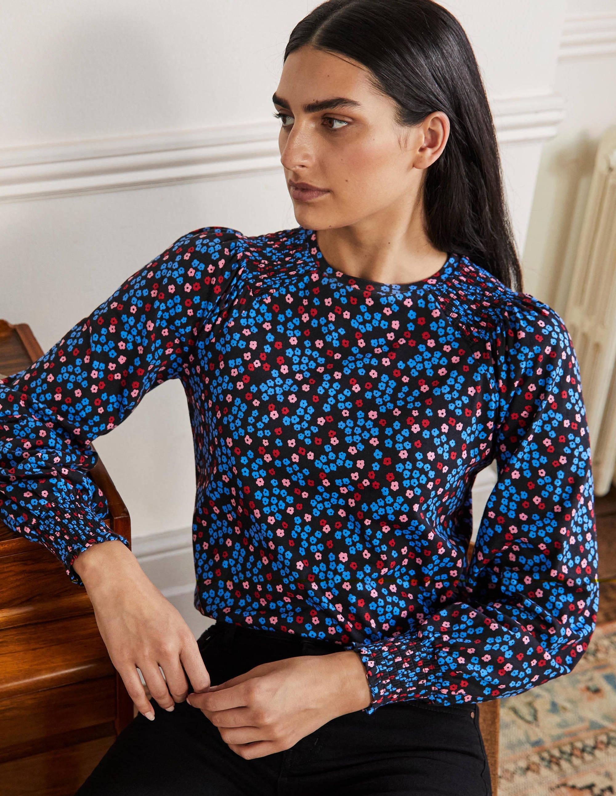 Smocked Blouson Jersey Top-Black Ditsy Cluster - Image 1