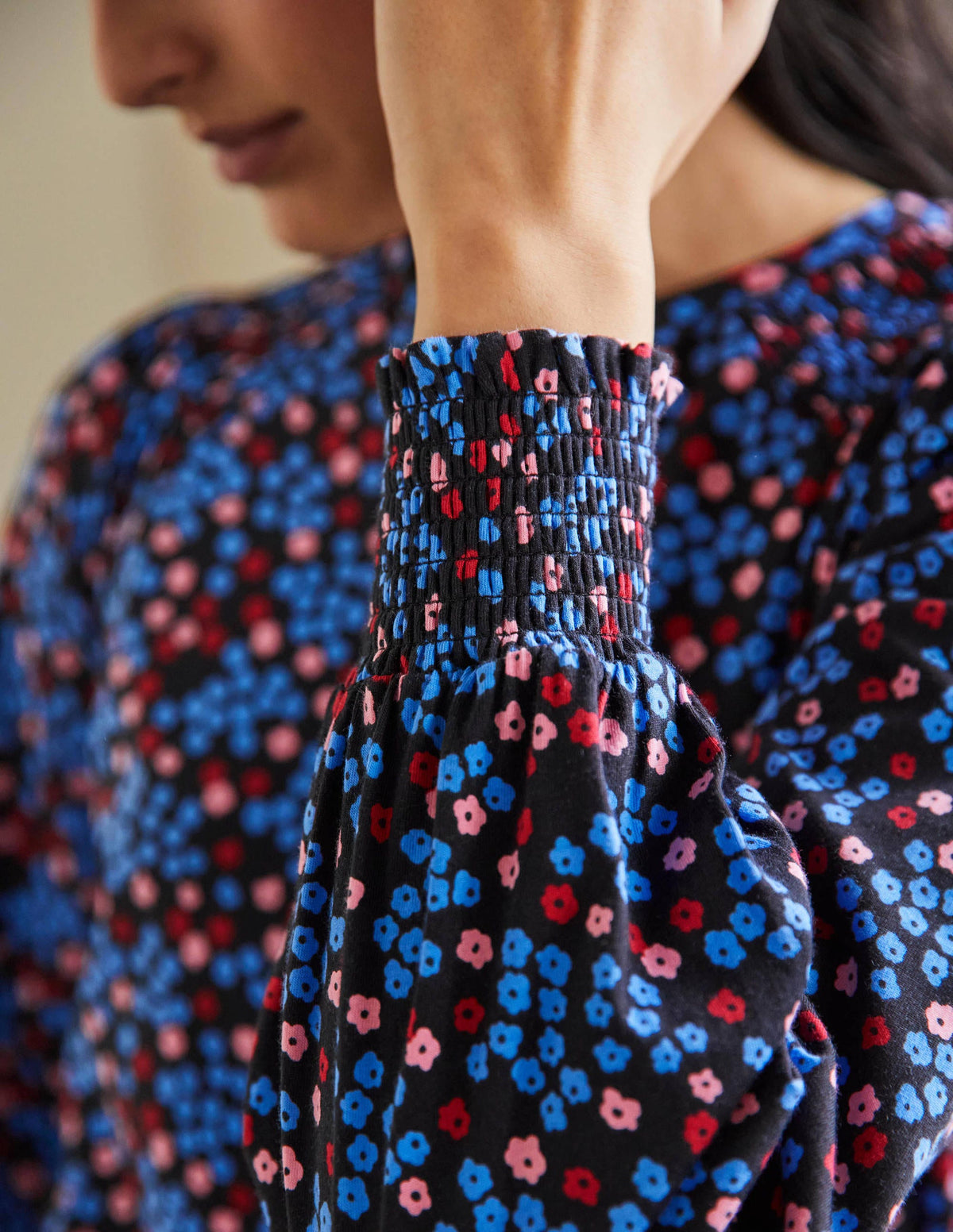 Smocked Blouson Jersey Top-Black Ditsy Cluster - Image 2