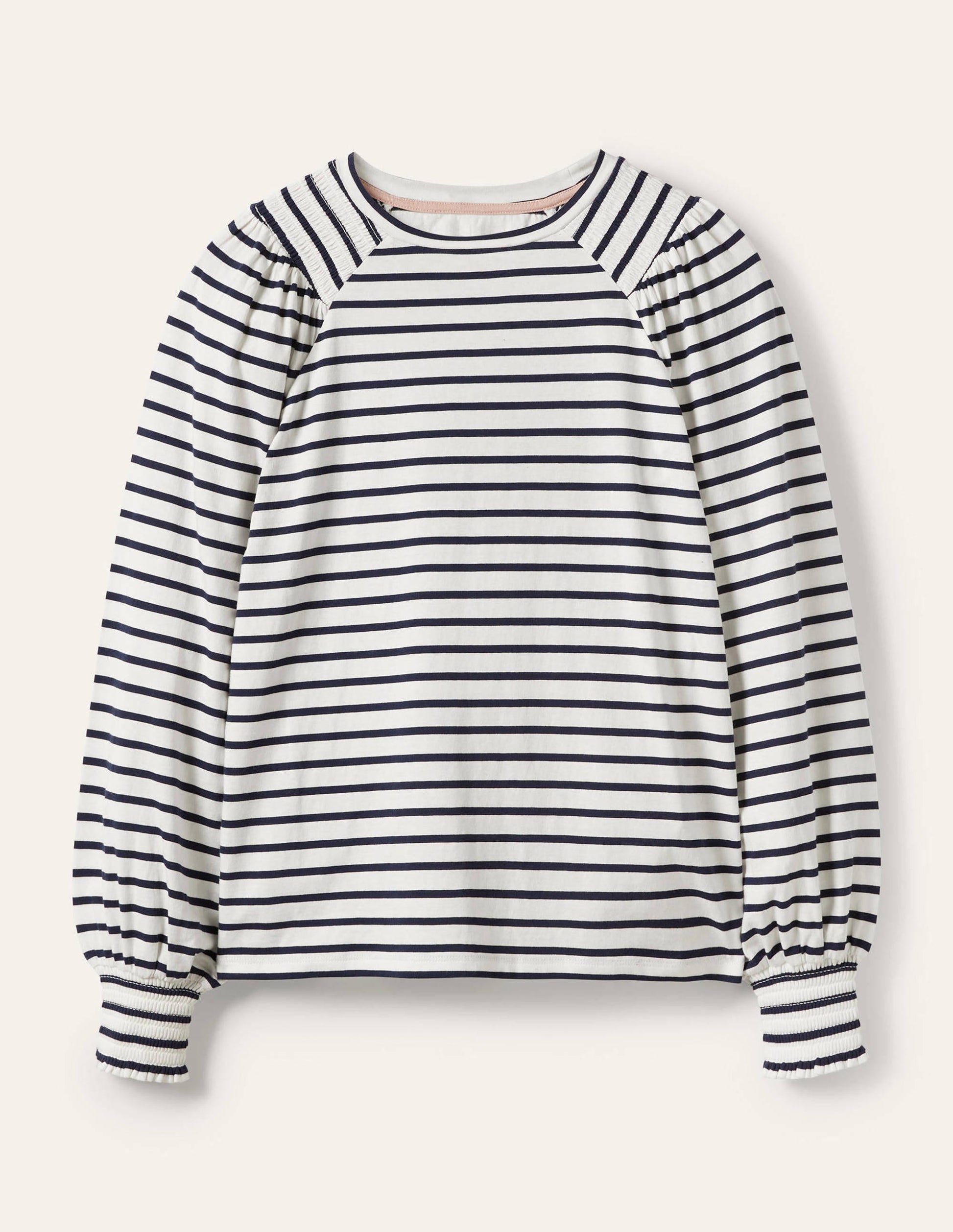 Smocked Blouson Jersey Top-Ivory / Navy Stripe-5