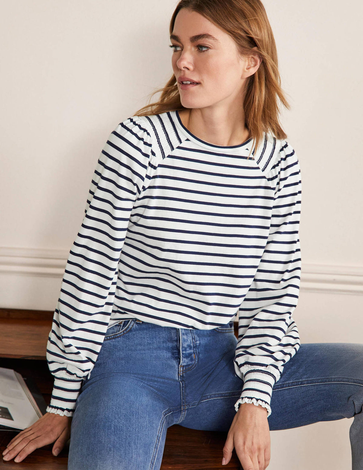 Smocked Blouson Jersey Top-Ivory / Navy Stripe - Image 1