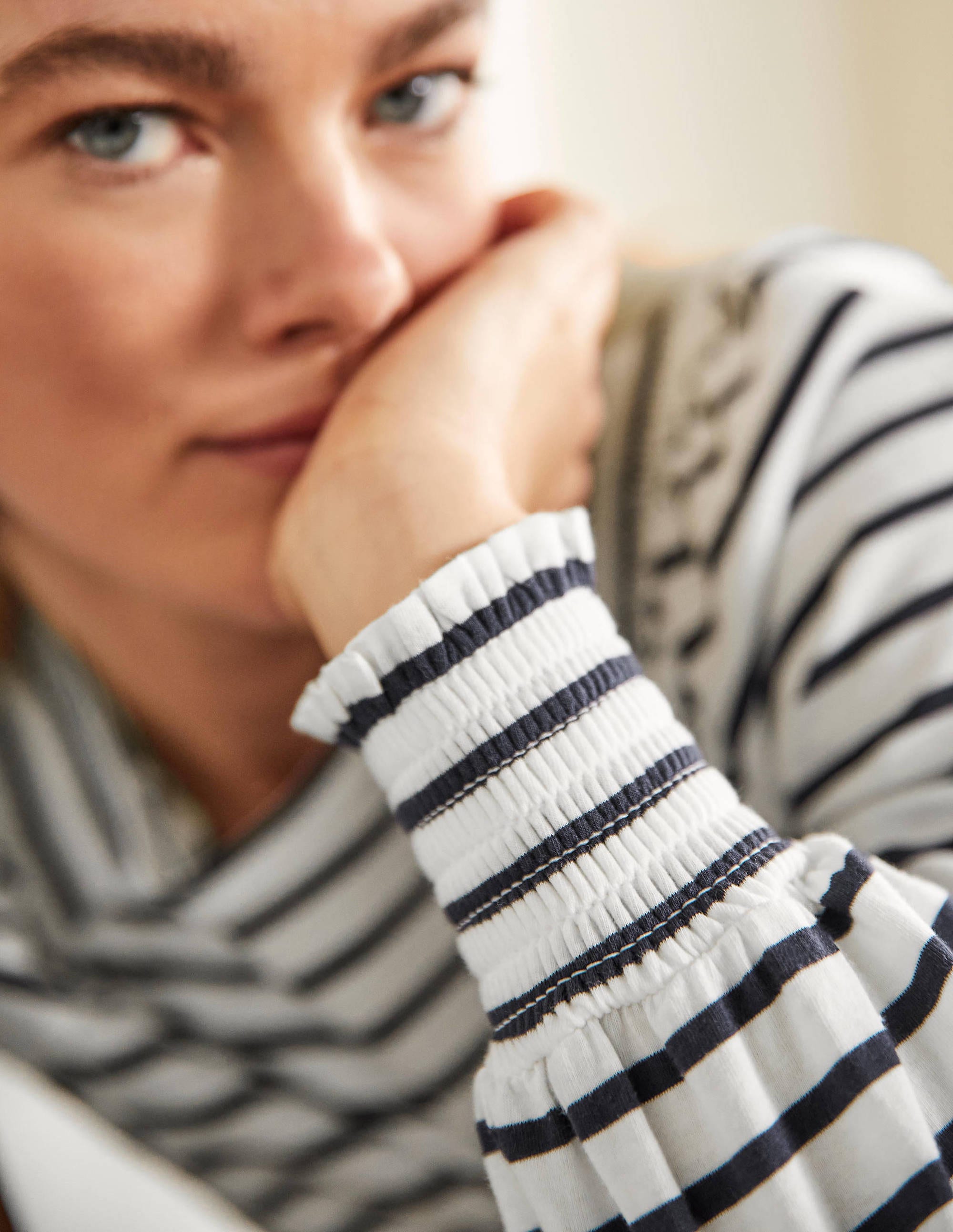 Smocked Blouson Jersey Top-Ivory / Navy Stripe - Image 2