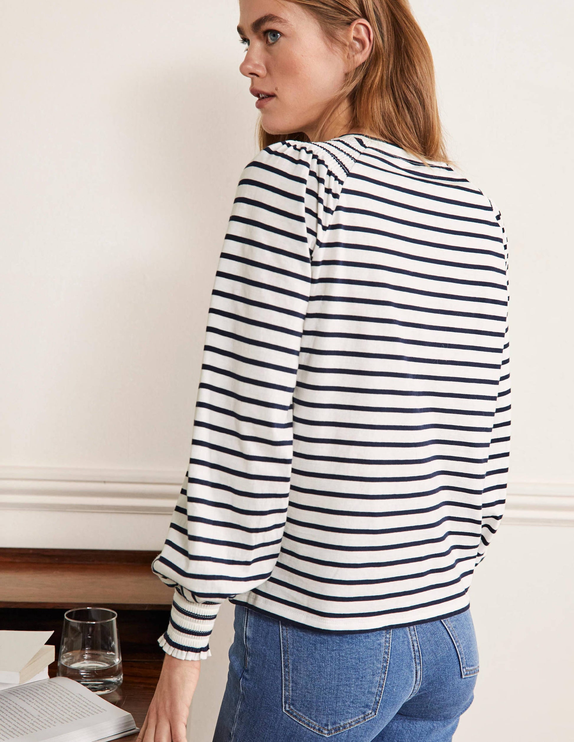 Smocked Blouson Jersey Top-Ivory / Navy Stripe-3
