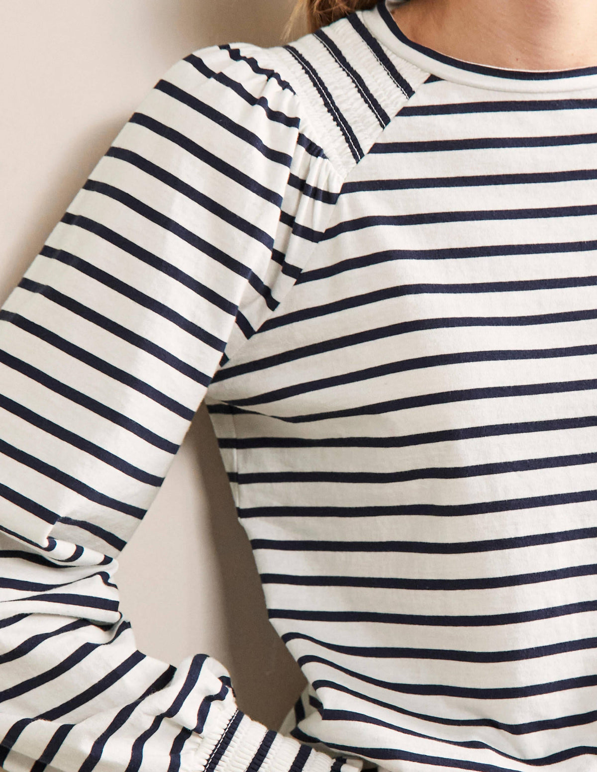 Smocked Blouson Jersey Top-Ivory / Navy Stripe - Image 4