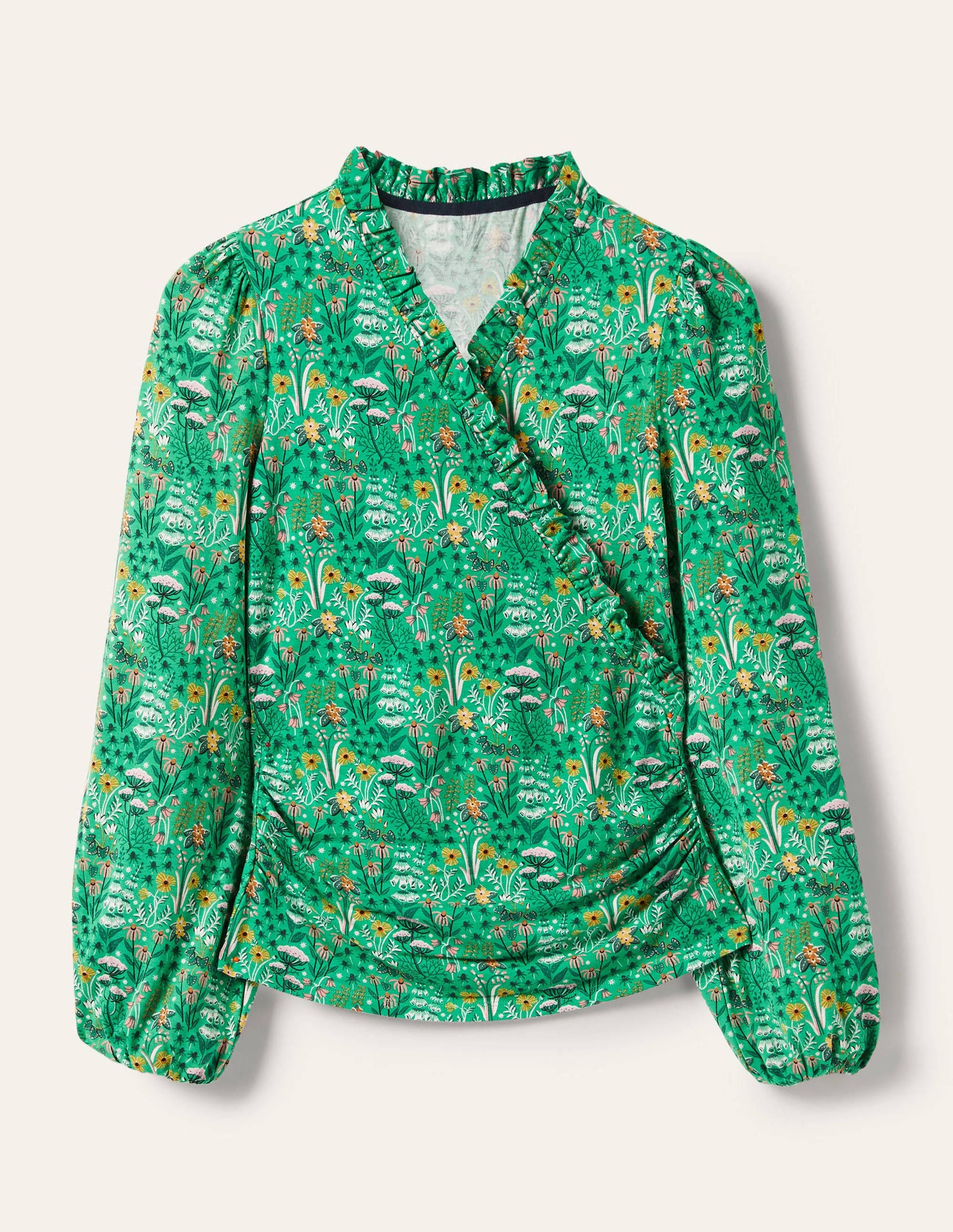 Frill Neck Blouson Wrap Top-Rich Emerald, Wildflower Bloom-5