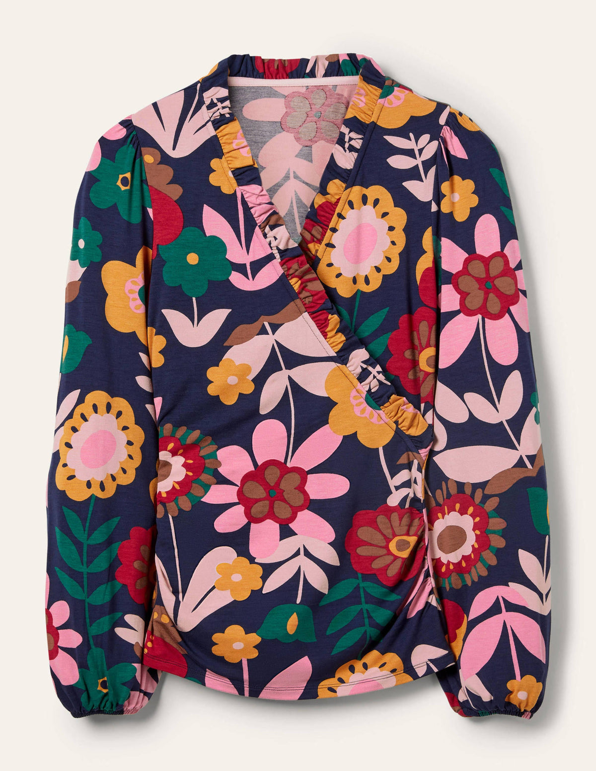 Frill Neck Blouson Wrap Top-French Navy, Flora Bloom - Image 5