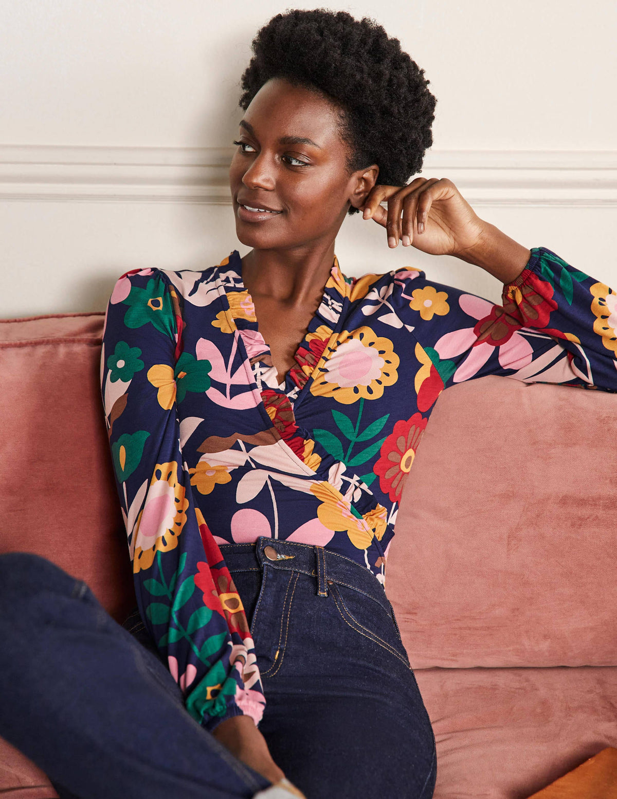 Frill Neck Blouson Wrap Top-French Navy, Flora Bloom - Image 1
