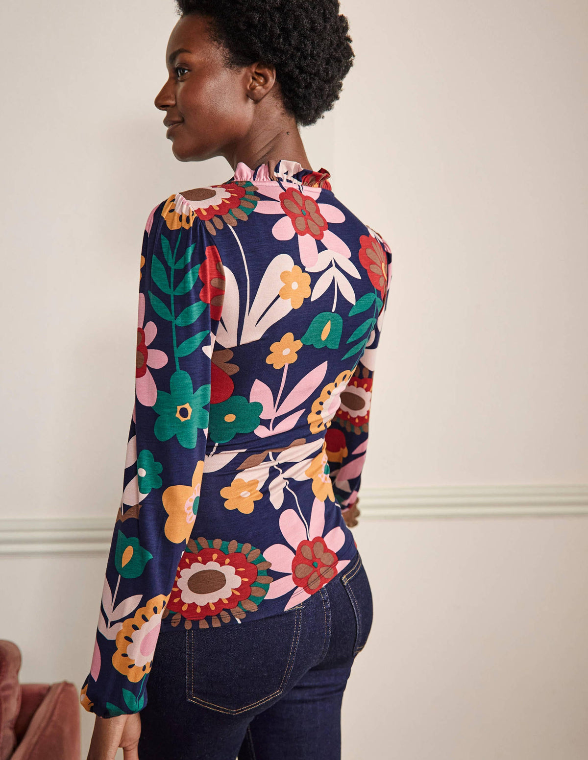 Frill Neck Blouson Wrap Top-French Navy, Flora Bloom - Image 3