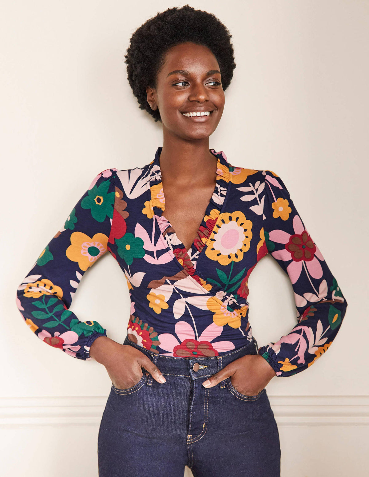 Frill Neck Blouson Wrap Top-French Navy, Flora Bloom-4