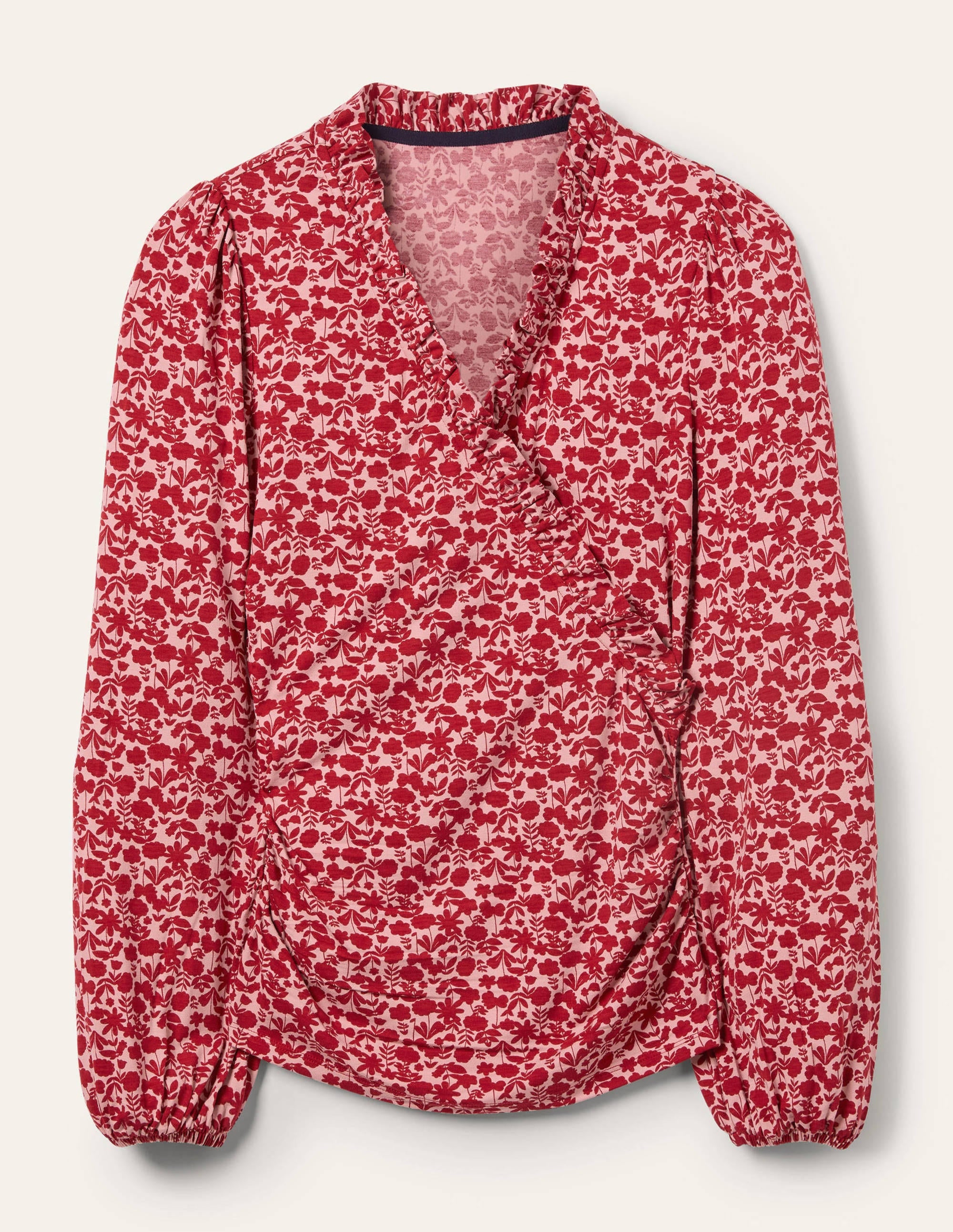 Frill Neck Blouson Wrap Top-Winterberry, Flora Bloom - Image 5