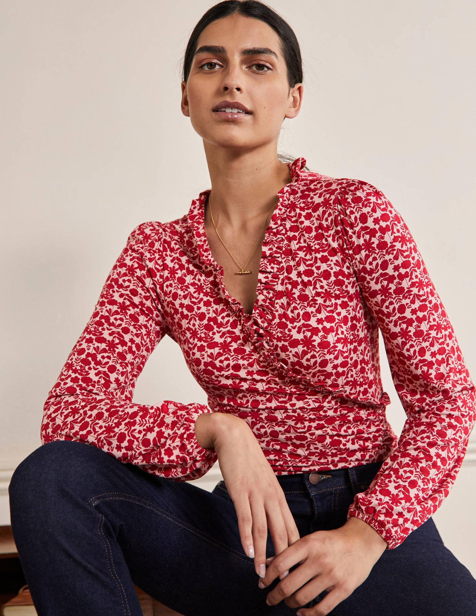 Frill Neck Blouson Wrap Top-Winterberry, Flora Bloom-1