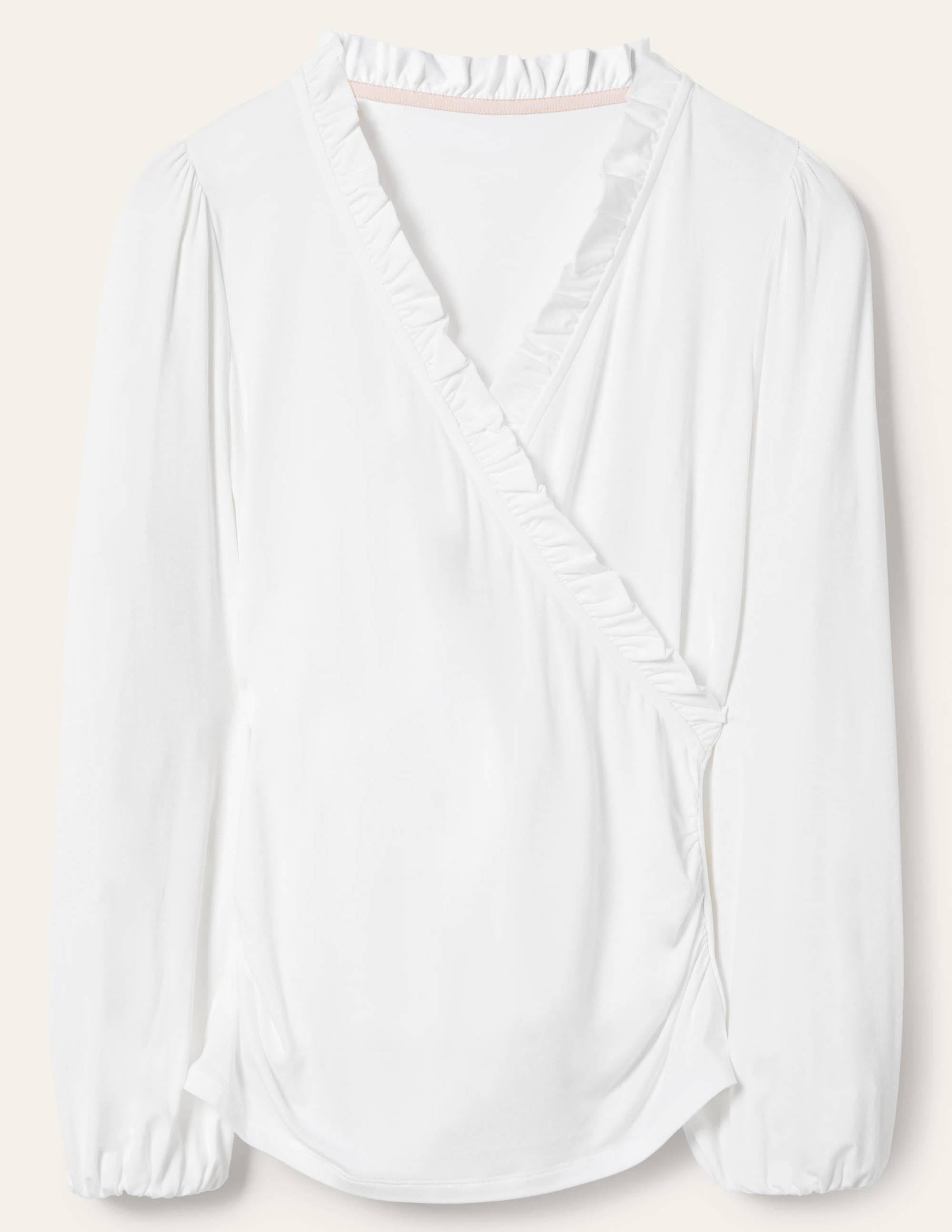Frill Neck Blouson Wrap Top-White - Image 5