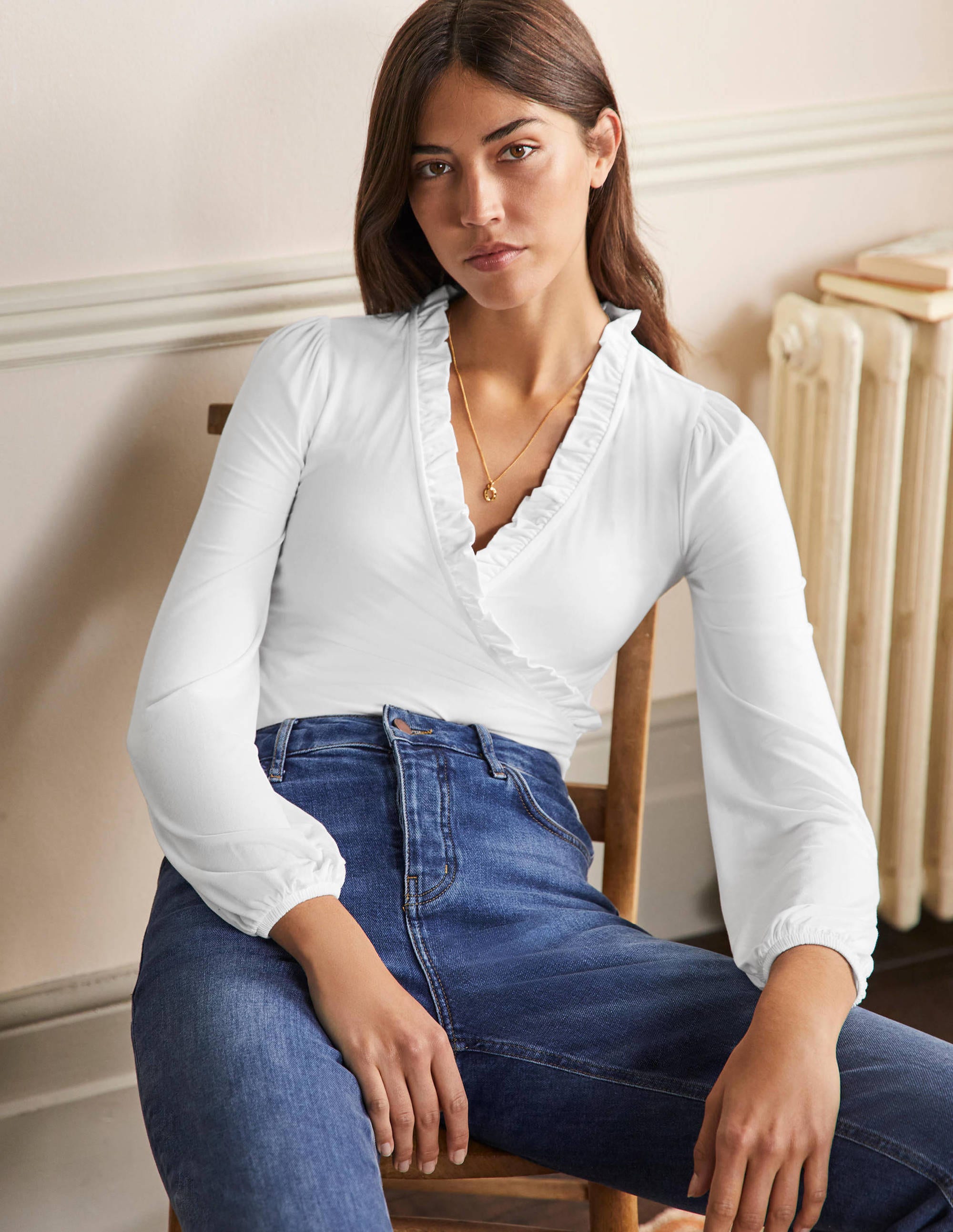 Frill Neck Blouson Wrap Top-White - Image 1
