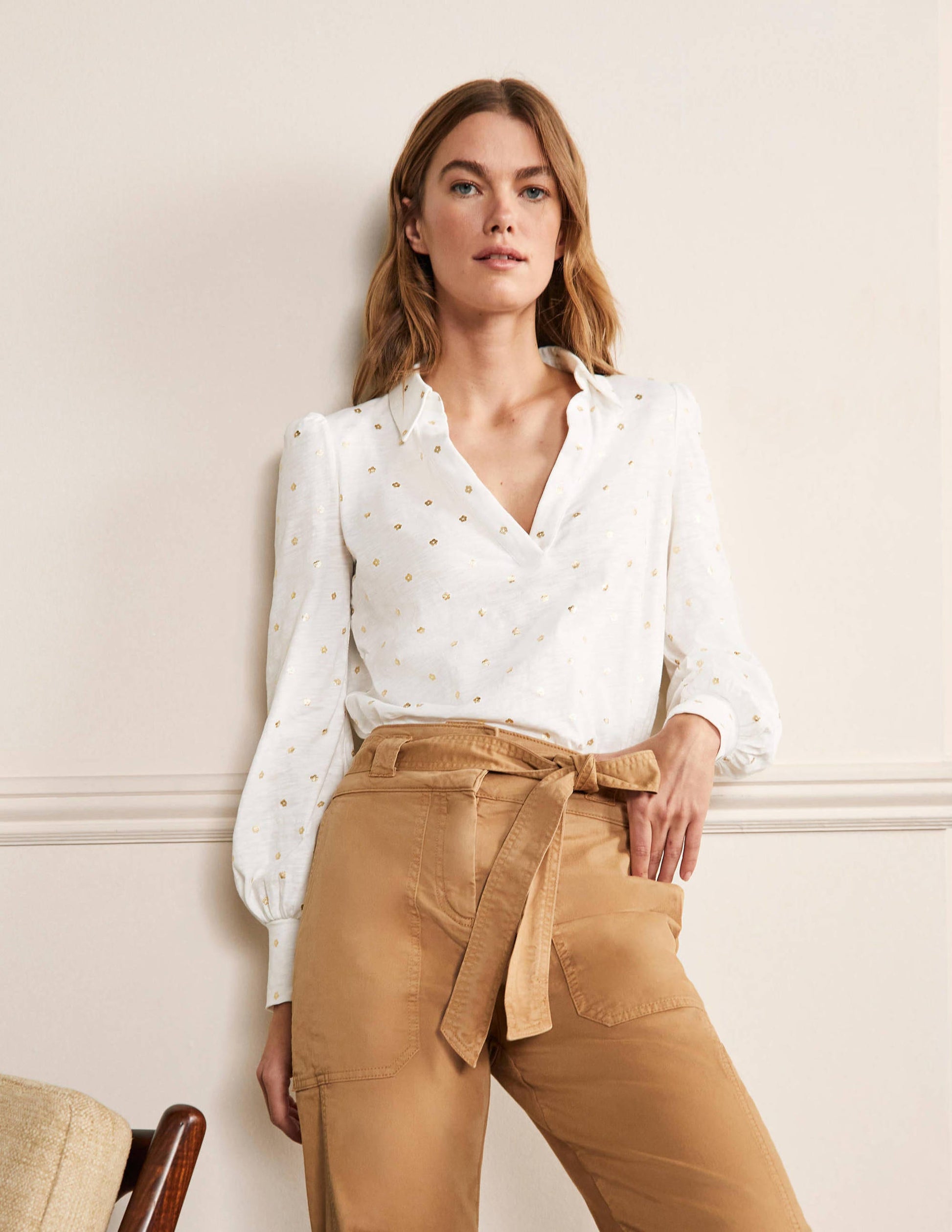 Collared Notch Neck Cotton Top-Ivory Foil Flower-1