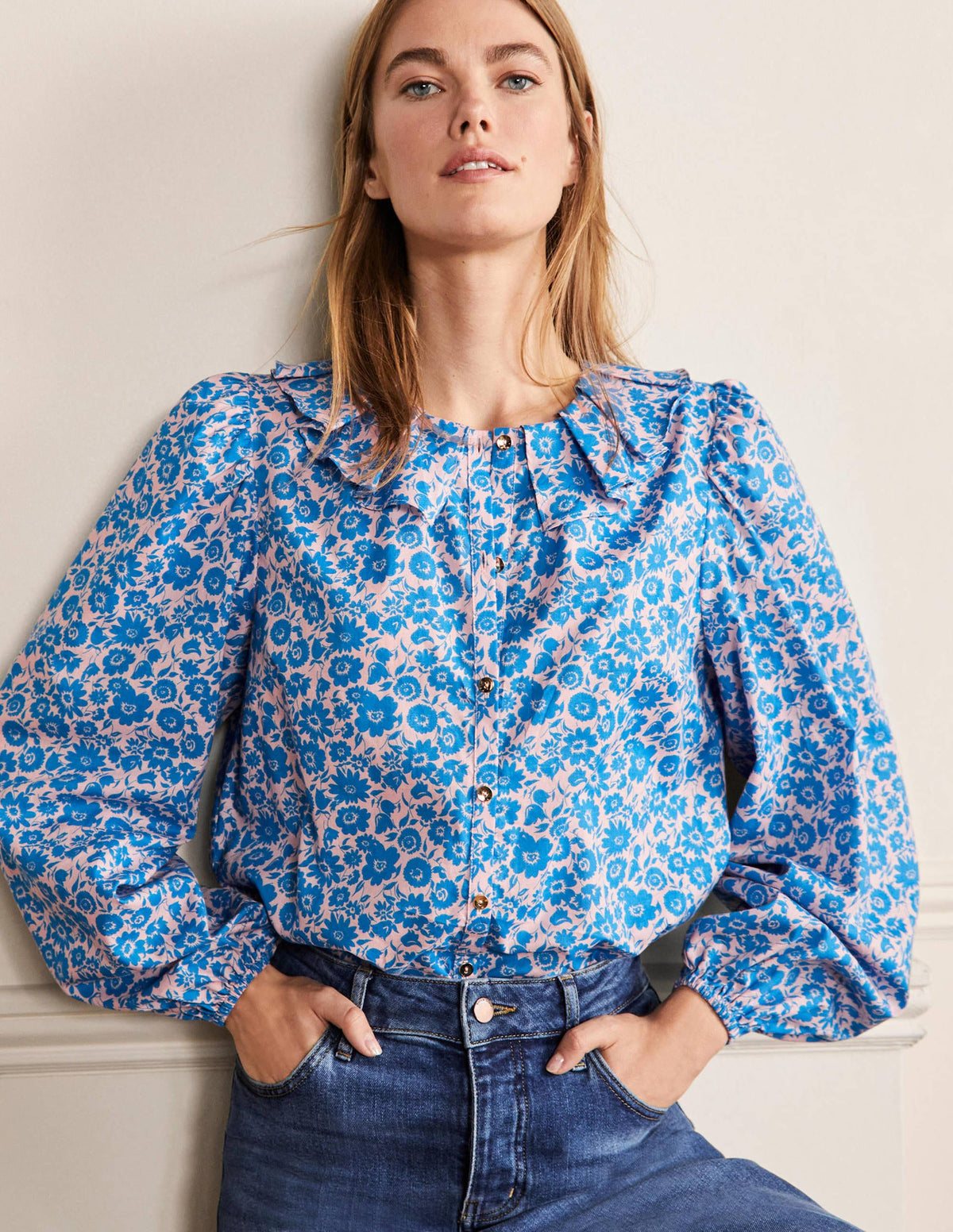 Pleated Collar Blouse-Moroccan Blue Elegant Bloom - Image 1