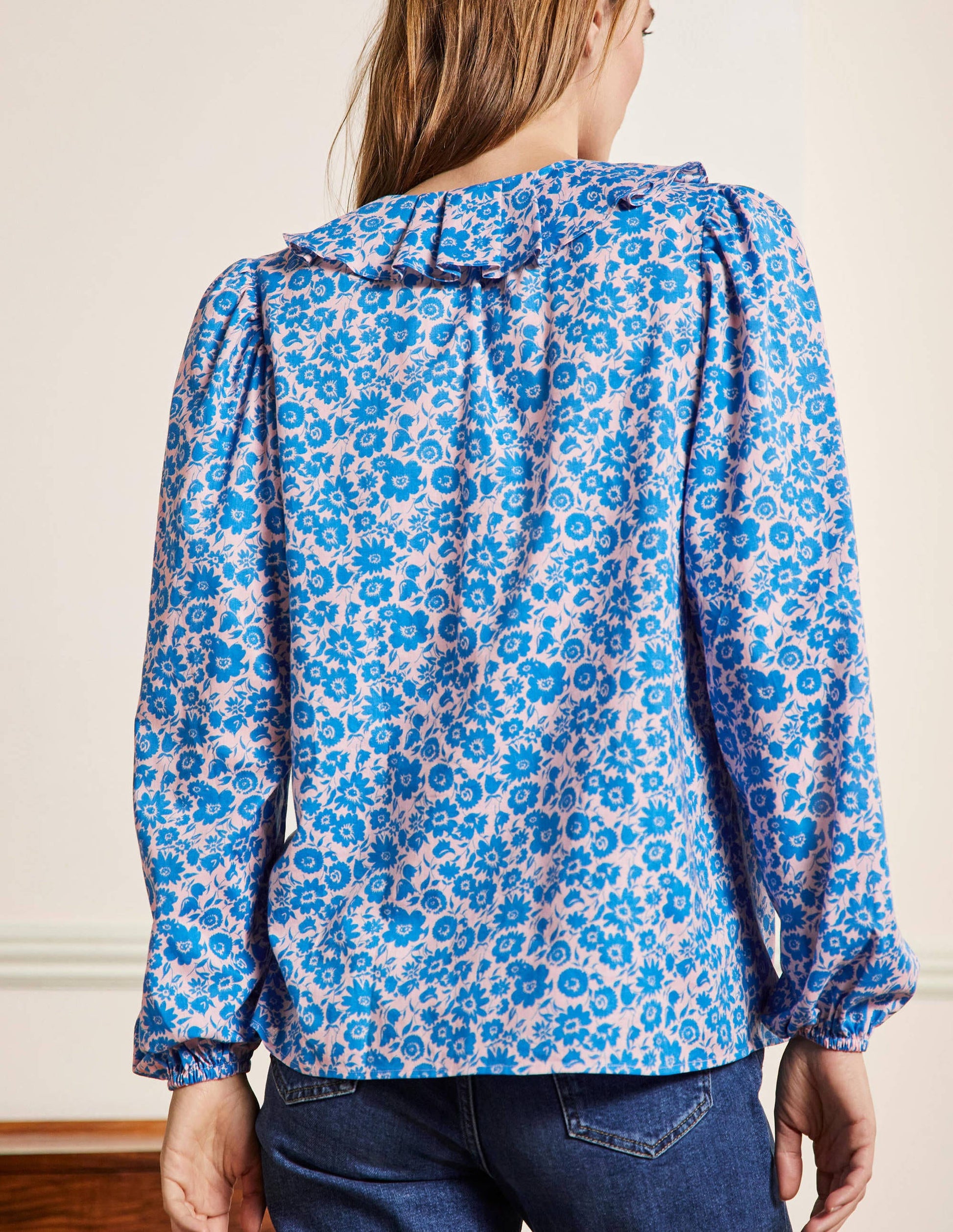 Pleated Collar Blouse-Moroccan Blue Elegant Bloom-3