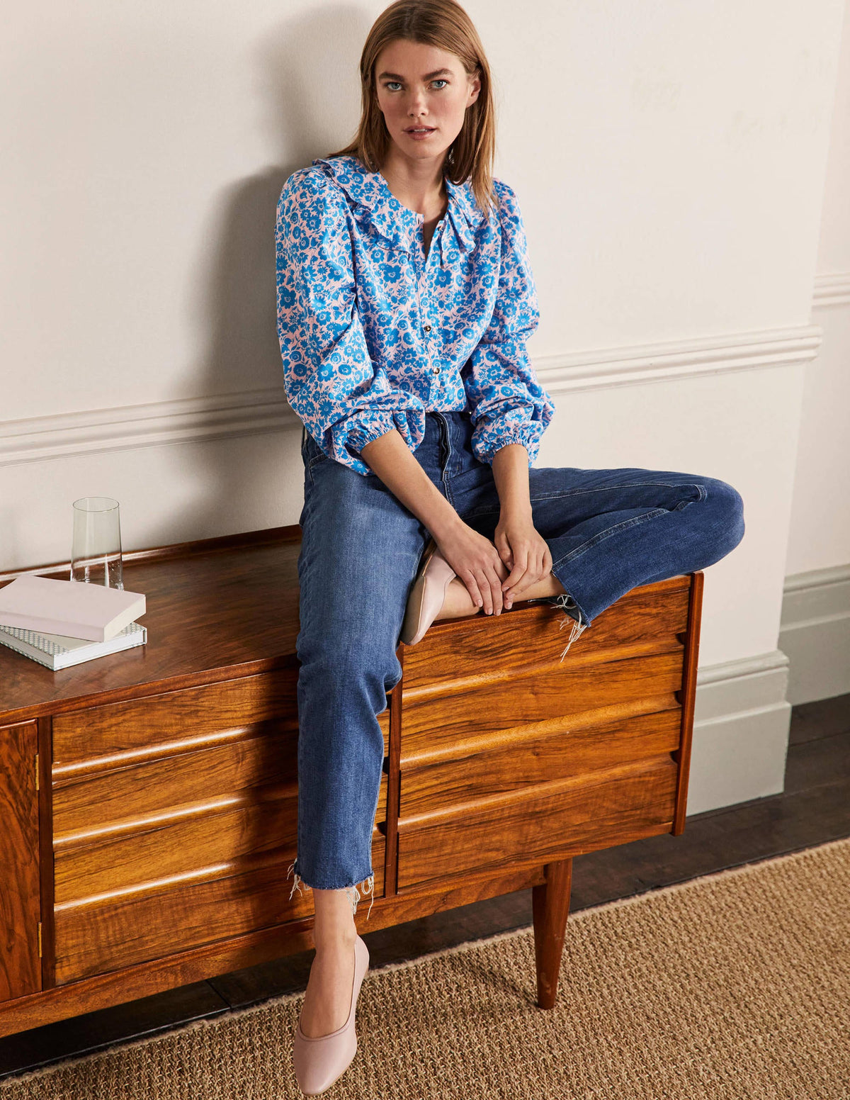 Pleated Collar Blouse-Moroccan Blue Elegant Bloom-4