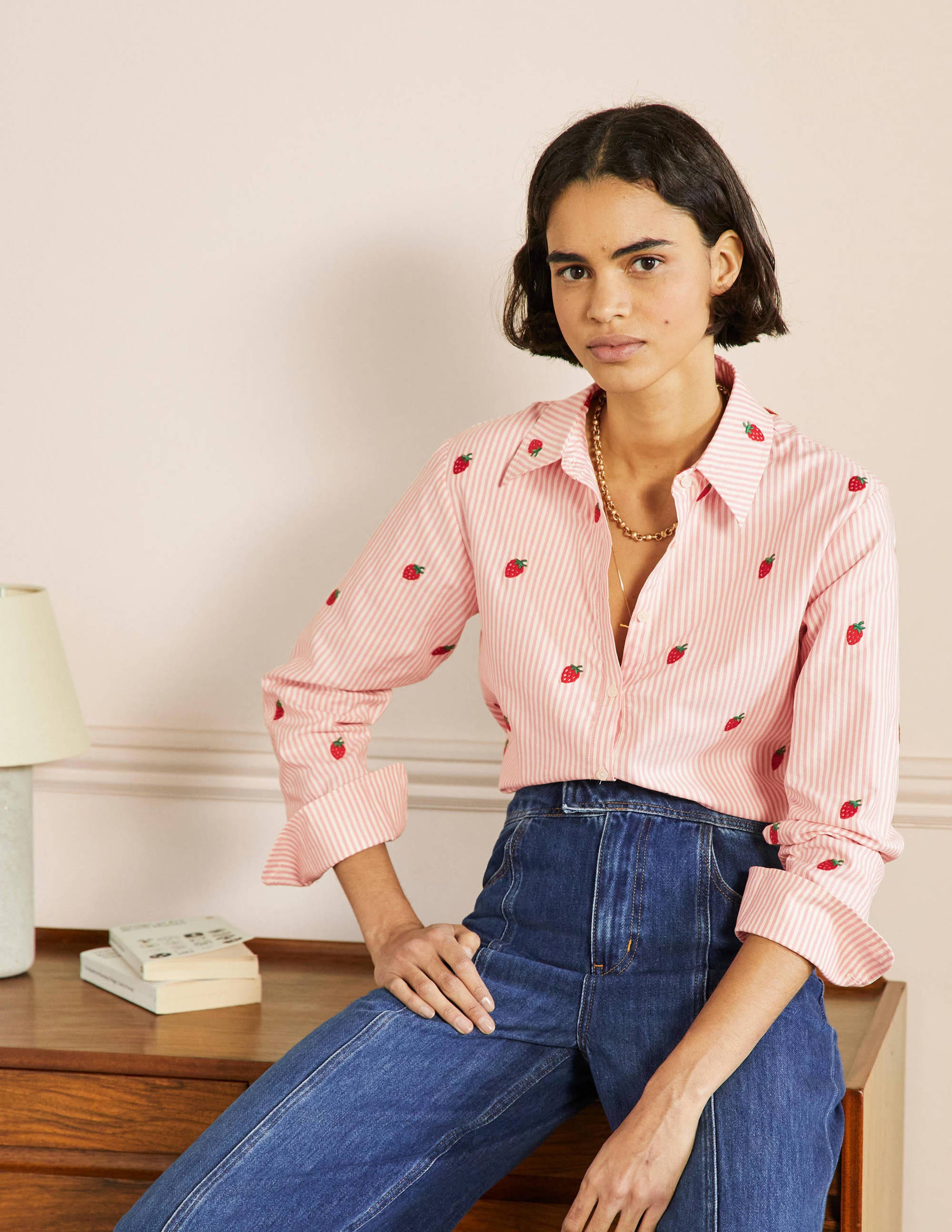 Relaxed Cotton Shirt-Mauve Stripe, Strawberry - Image 4