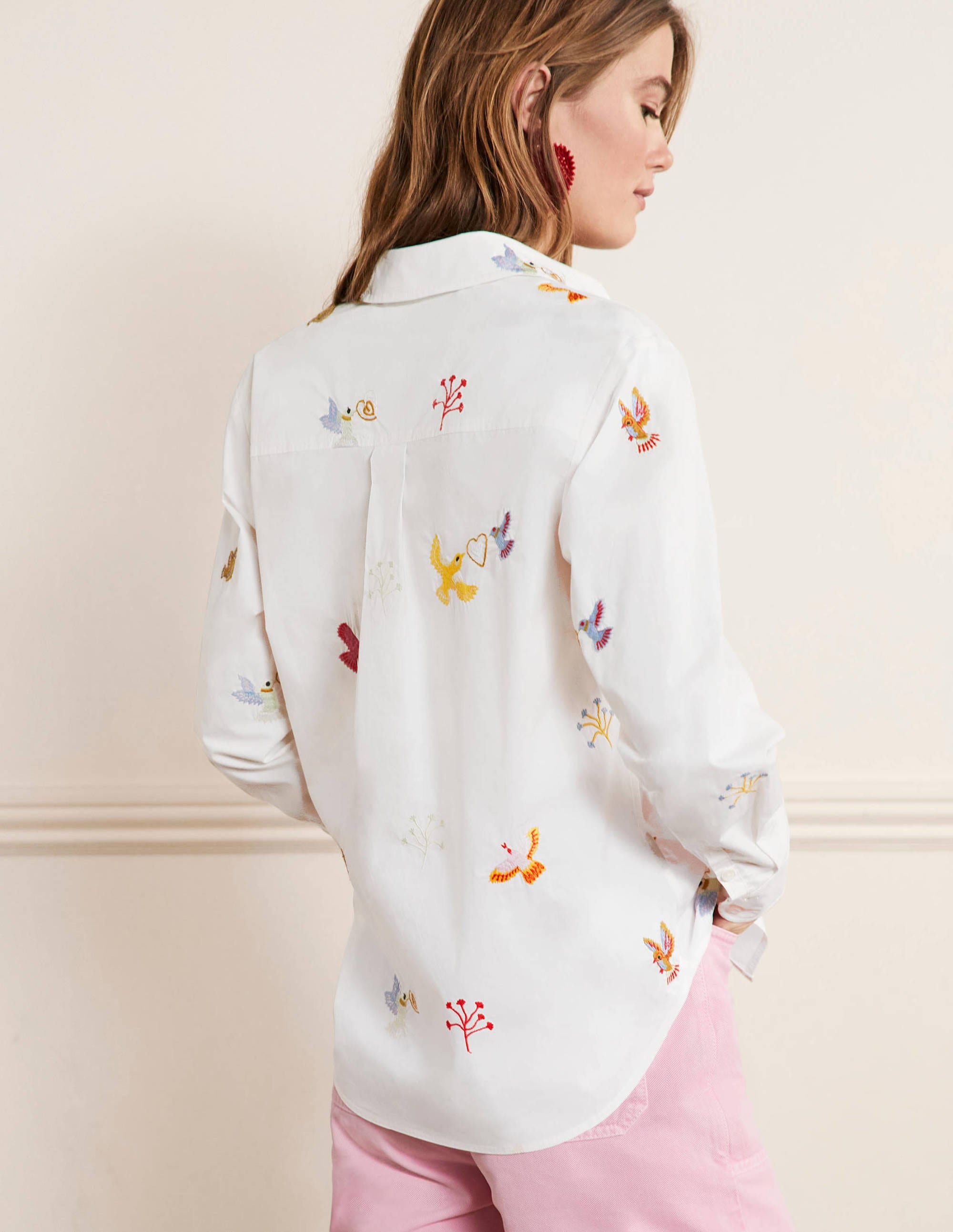 Relaxed Cotton Shirt-White, Bird Embroidered - Image 3