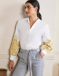 Full Sleeve Relaxed Shirt-White, Leafy Embroidered
