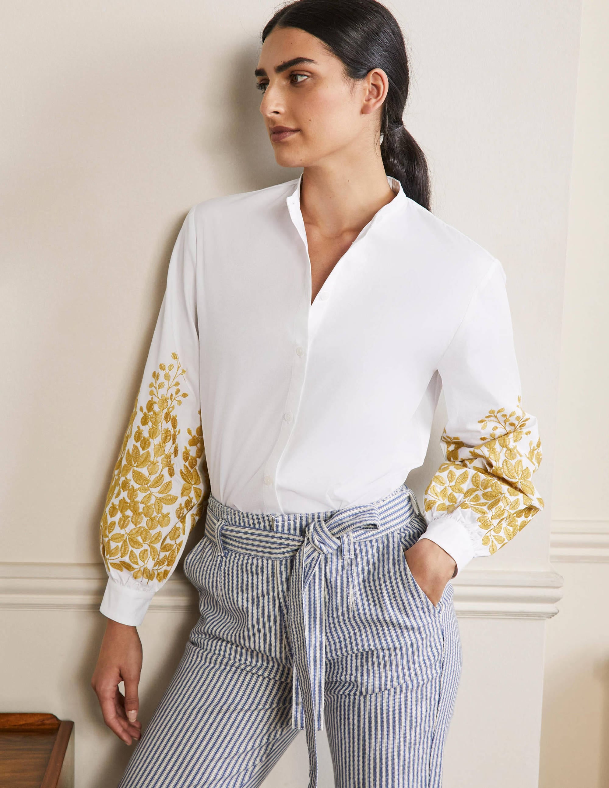 Full Sleeve Relaxed Shirt-White, Leafy Embroidered - Image 1