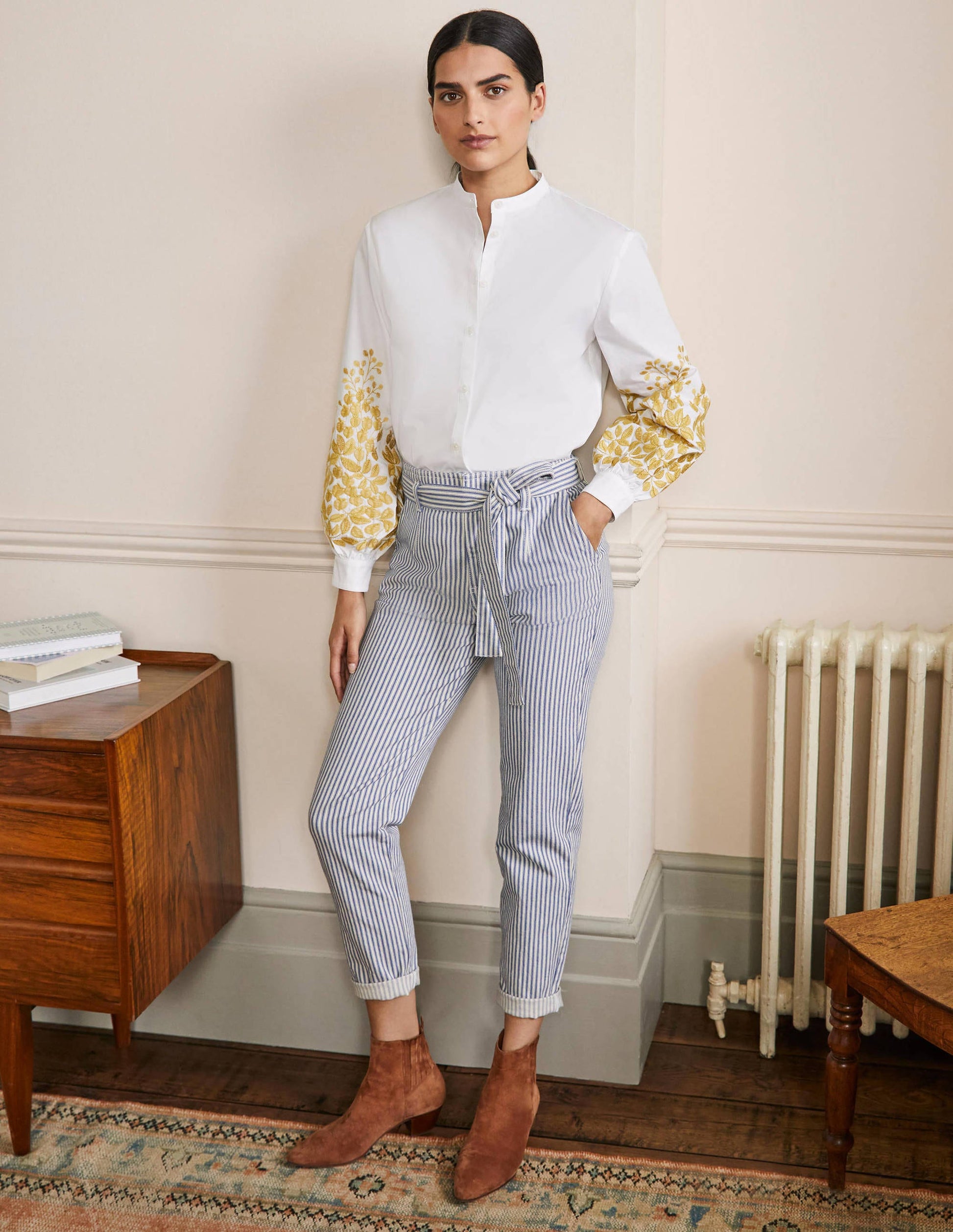 Full Sleeve Relaxed Shirt-White, Leafy Embroidered-4