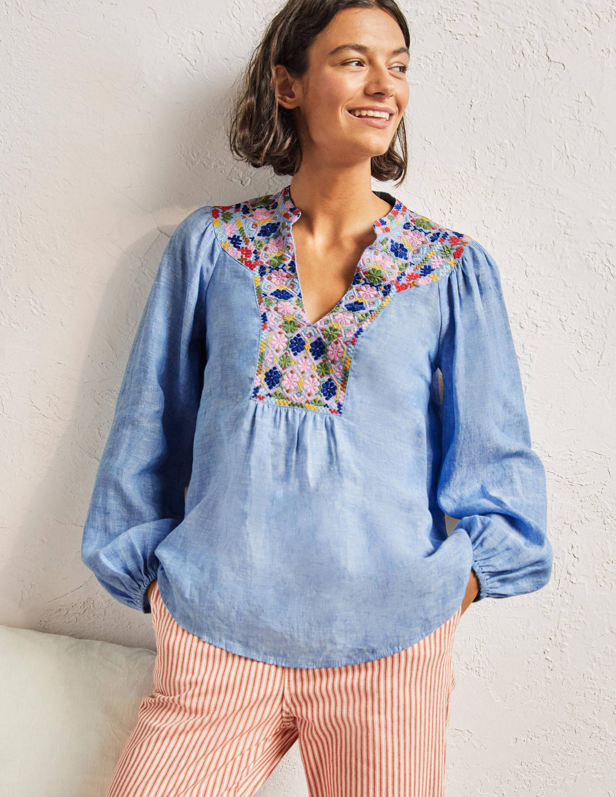 Embroidered Top-Chambray-1