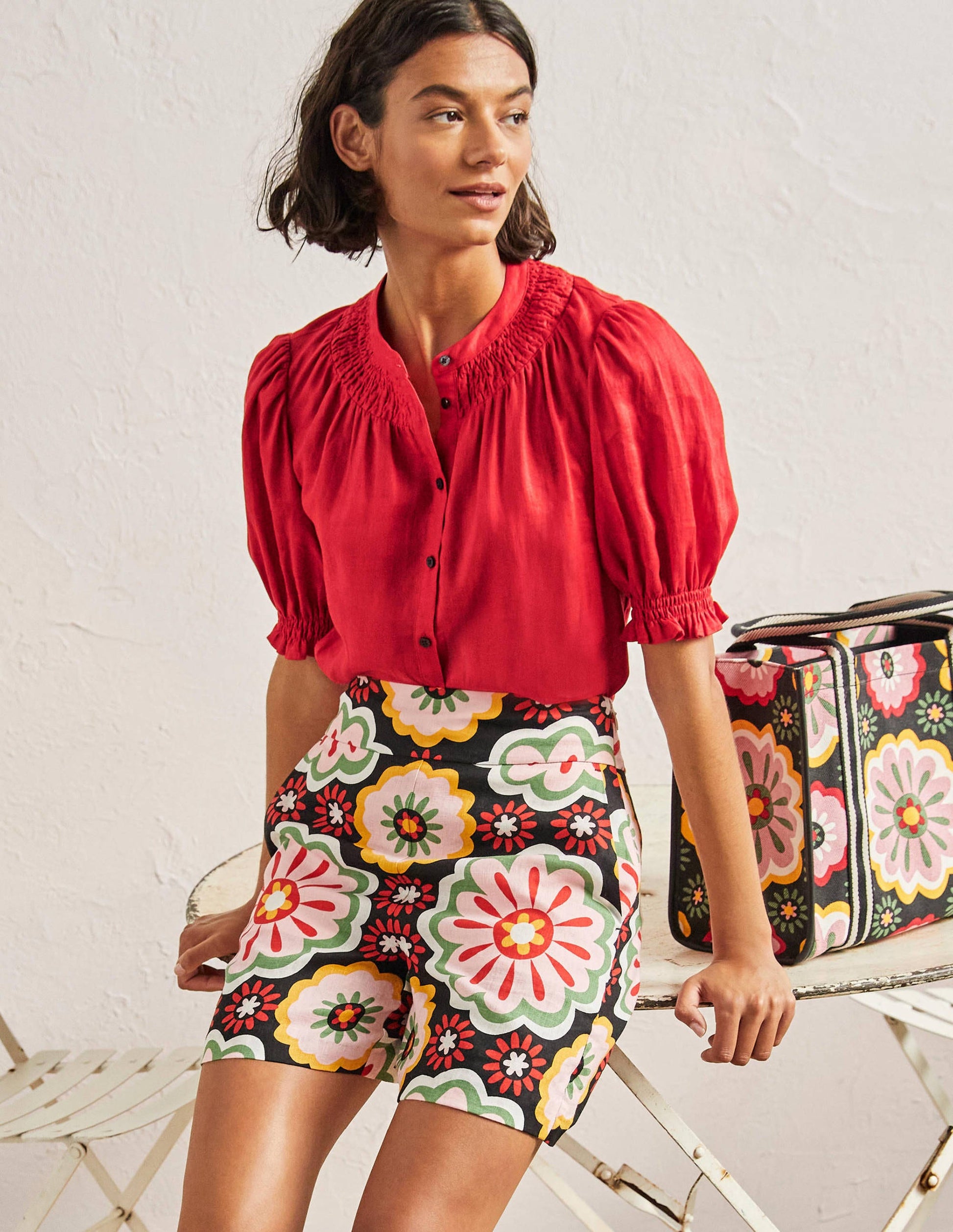 Smocked Short Sleeve Blouse-Red-1