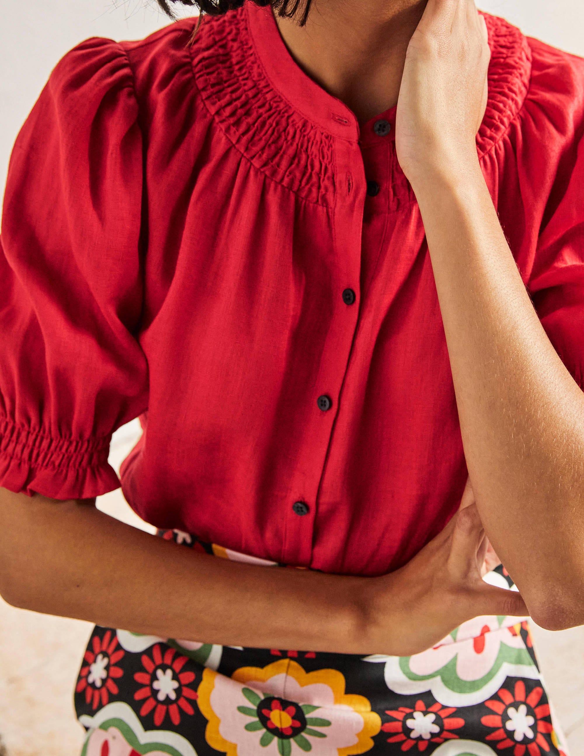 Smocked Short Sleeve Blouse-Red - Image 2