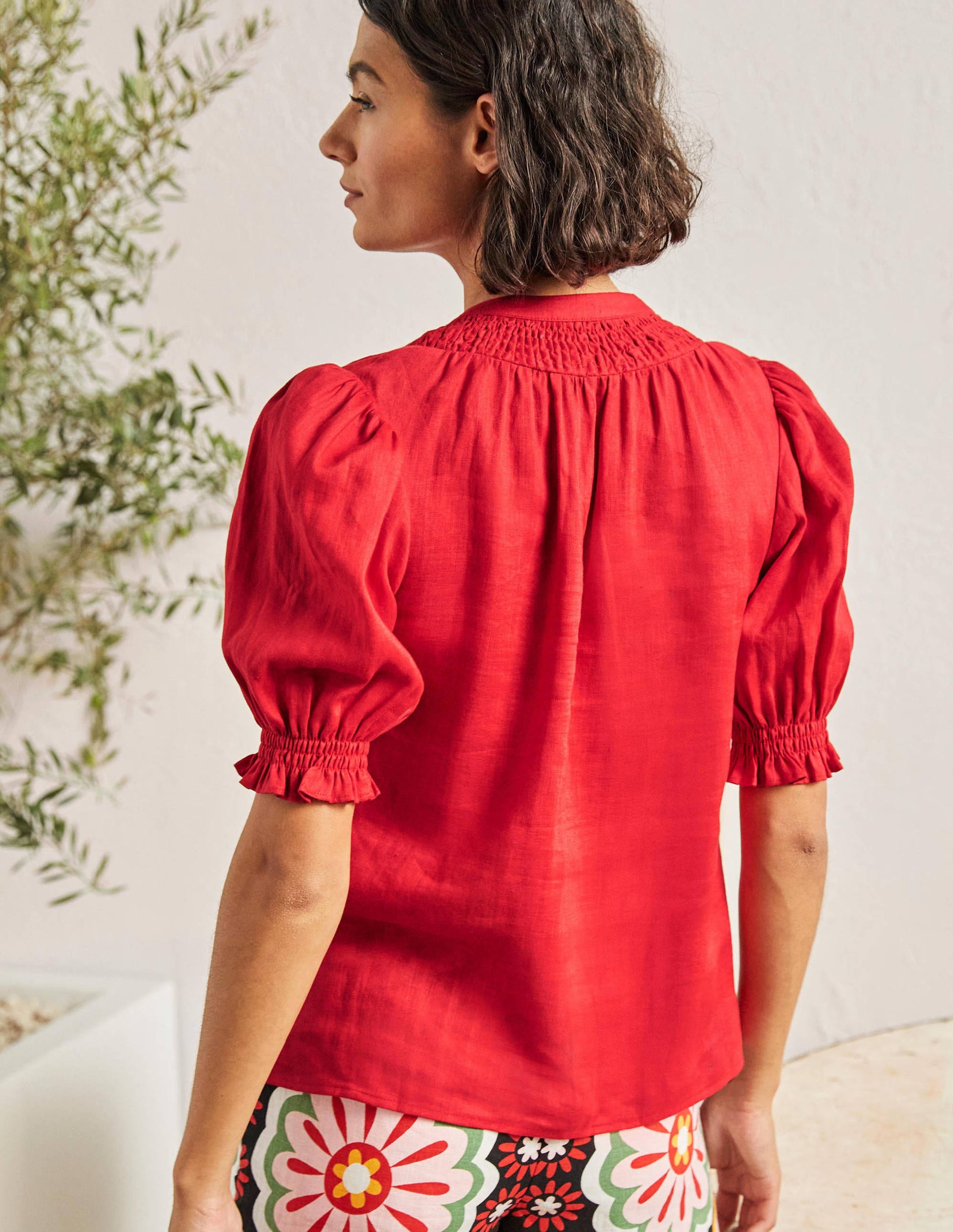 Smocked Short Sleeve Blouse-Red-3