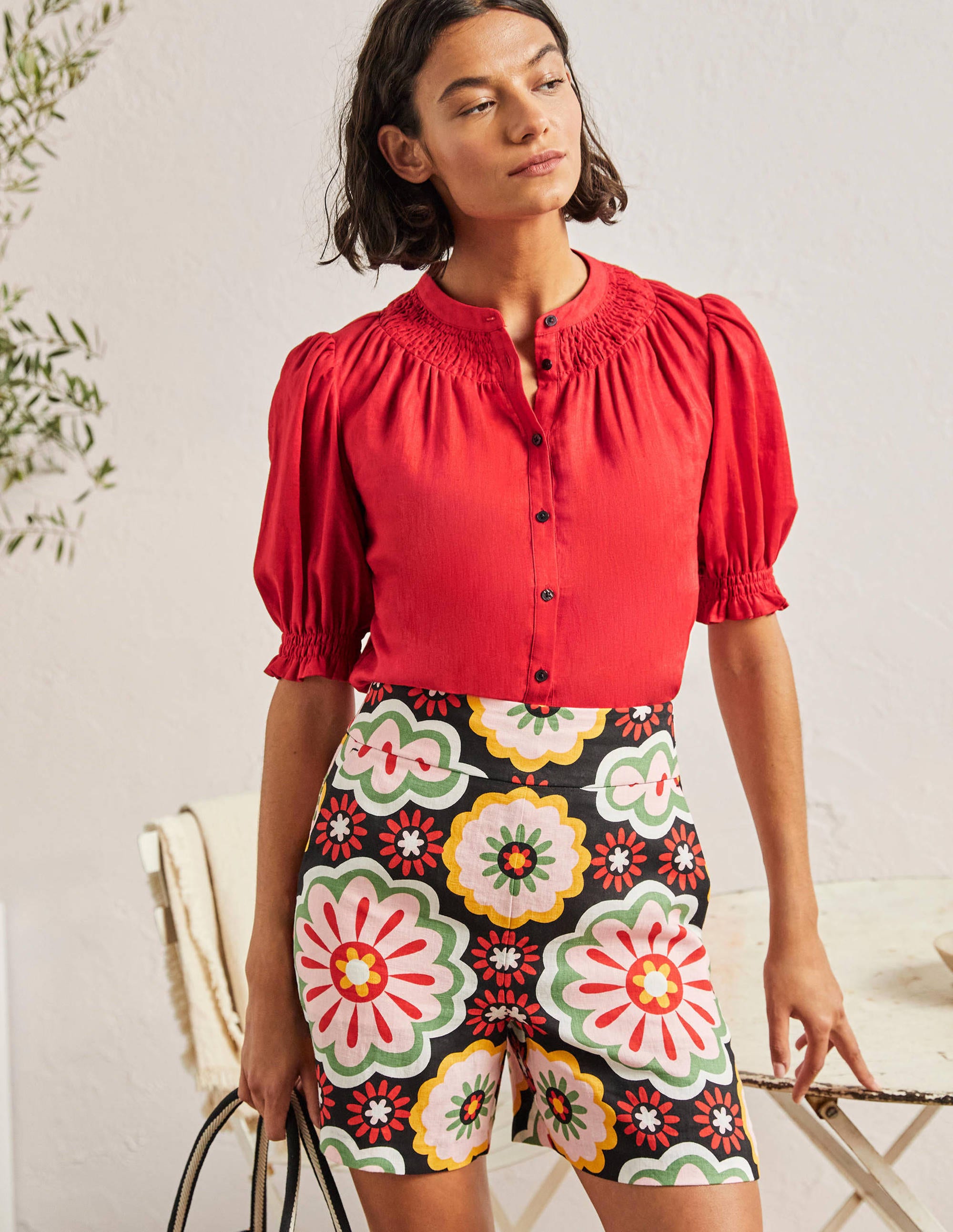 Smocked Short Sleeve Blouse-Red - Image 4